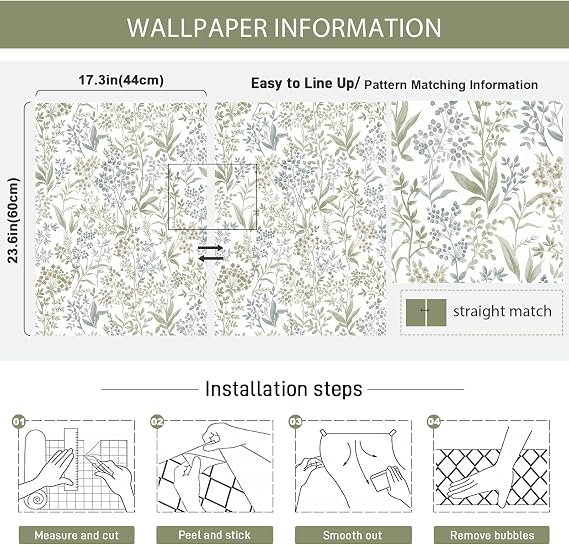 Cohoo Home Green Peel and Stick Wallpaper Floral Drawers Liner 17.3393