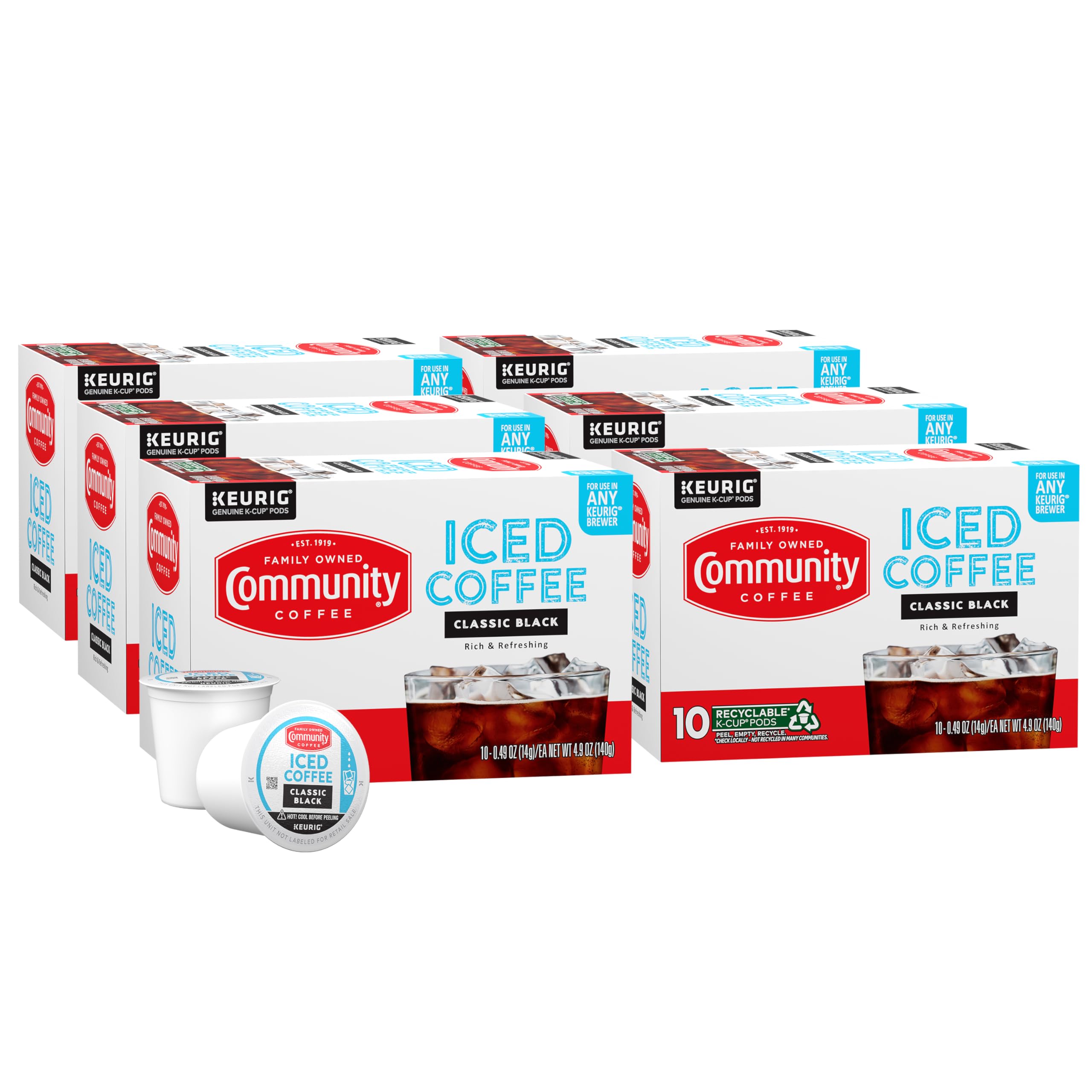 Community Coffee 클래식 블랙, 큐리그 아이스 커피 포드 60개, 다크 로스트, 모든 K-Cup 브루어와 호환, 10개(6팩)