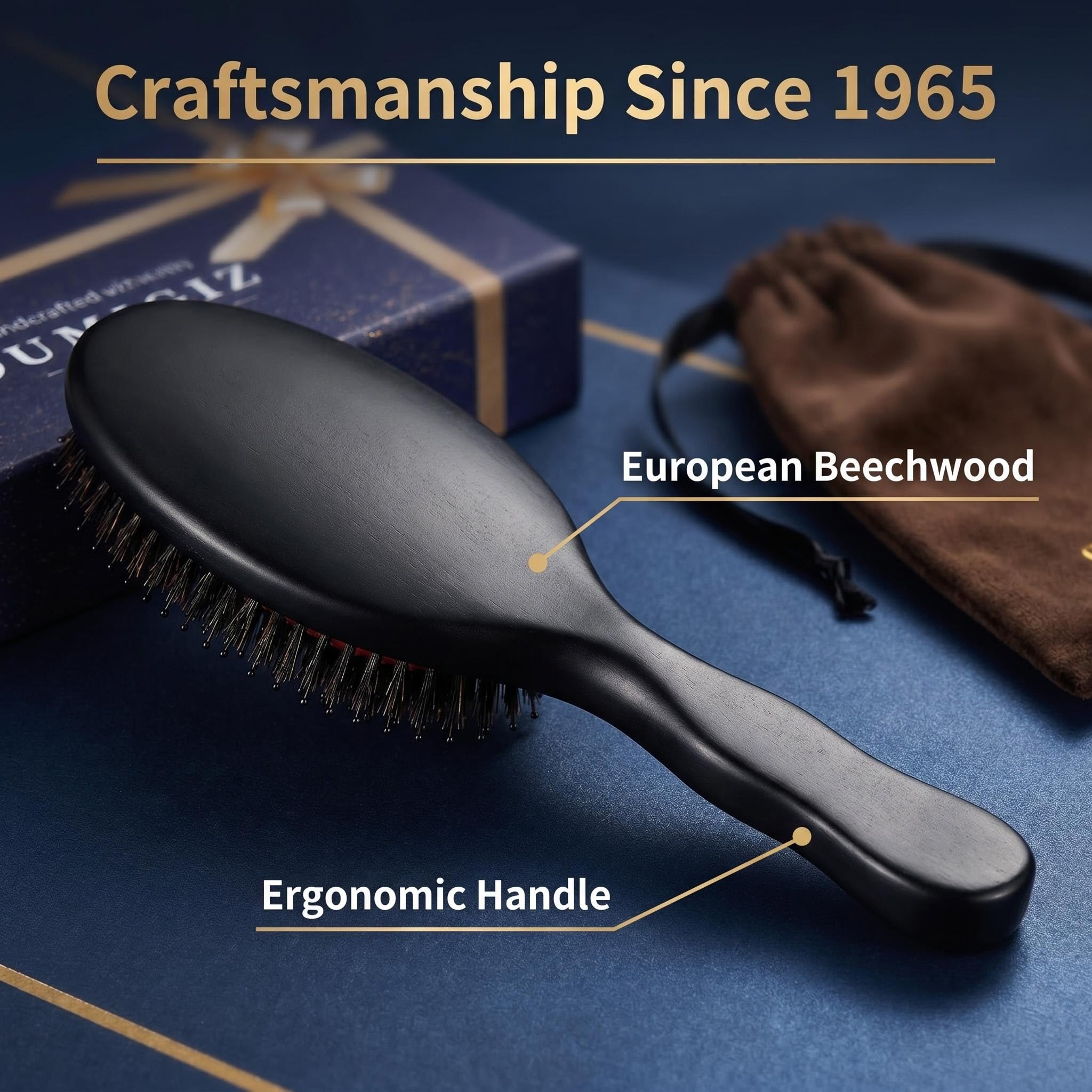 Spazzola per capelli con setole di cinghiale dal 1965, artigianato britannico, spazzola per capelli fatta a mano in legno naturale, setole morbide, districante delicato, per donne, uomini
