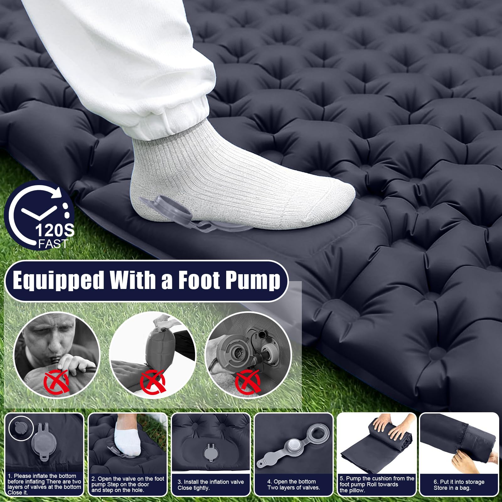 Matelas Camping 2 Place,200 x 125 cm,Tapis de Sol Camping élargi et épaissi,Pneumatique avec Pompe à air à Pédale,Matelas Ultra-Léger et Portable,Idéal pour La Plage,La Randonnée - 3