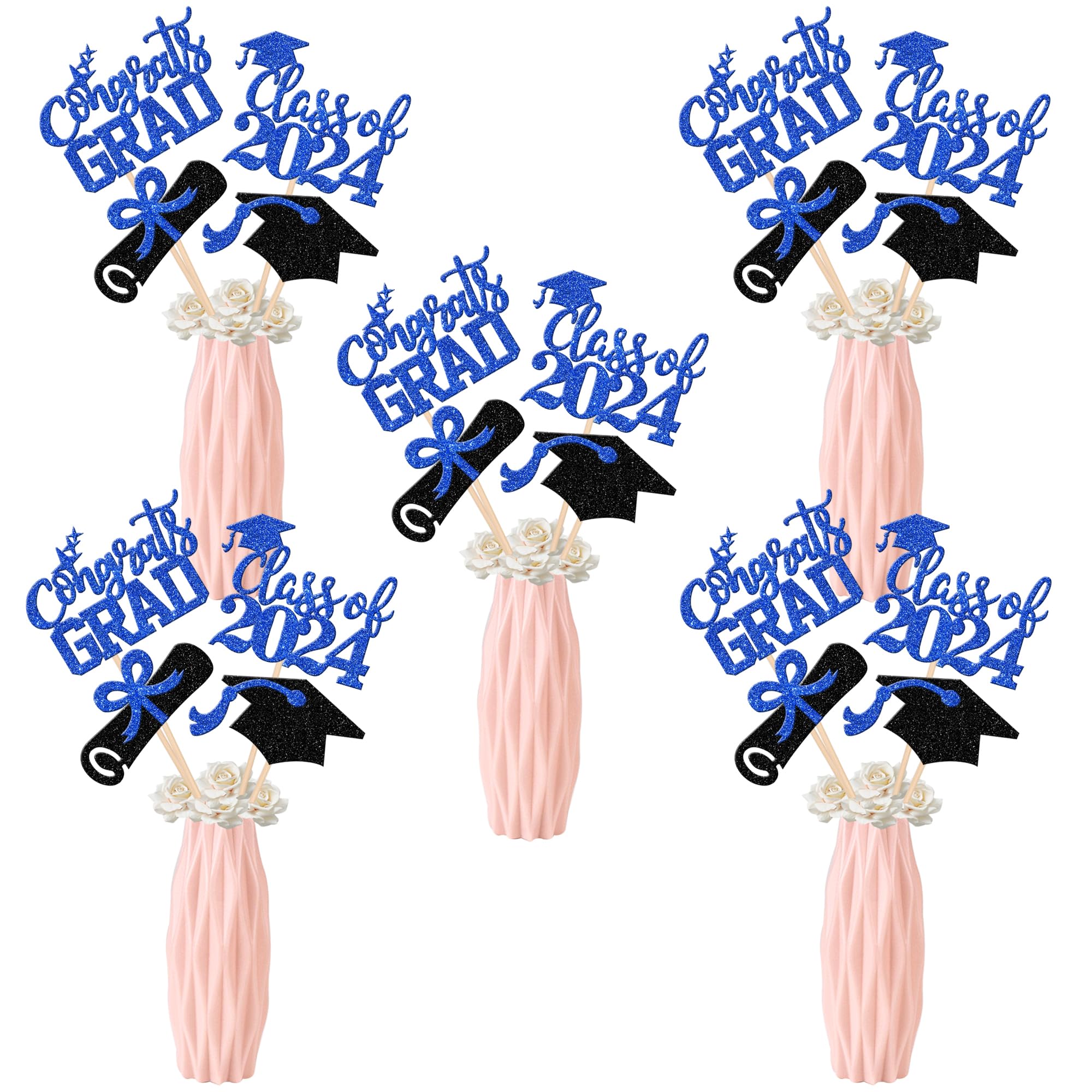 12 PCS Glitter 2023 Graduation Centerpiece Sticks Assembled Congrats Grad Class of 2023 Cake Toppers Diploma Graduation Cap Table Flower Centerpiece Sticks for 2023 Graduation Theme Party Supplies Blue