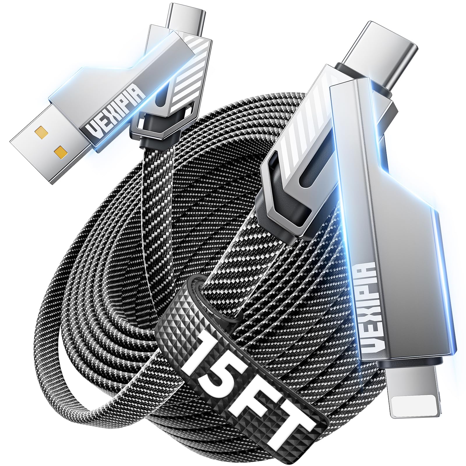 Cavo USB C lungo 4 in 1 da 60 W, cavo Lightning per ricarica rapida, piatto, in nylon intrecciato, per iPhone e iPad, sincronizzazione dati da 480 Mbps, combinazione di cavi di ricarica