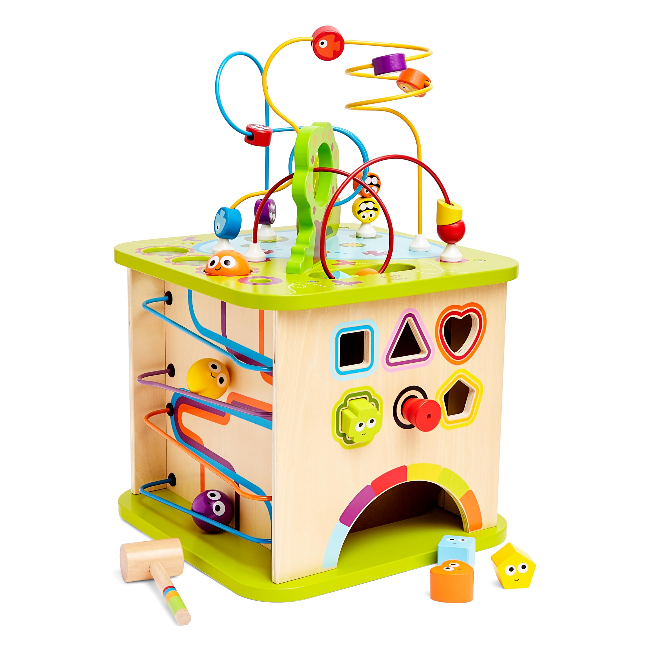 Country Critters Wooden Activity Play Cube By Hape | Wooden Learning Puzzle Toy For Toddlers, 5-Sided Activity Center With Animal Friends, Shapes, Mazes, Wooden Balls, Shape Sorter Blocks And More