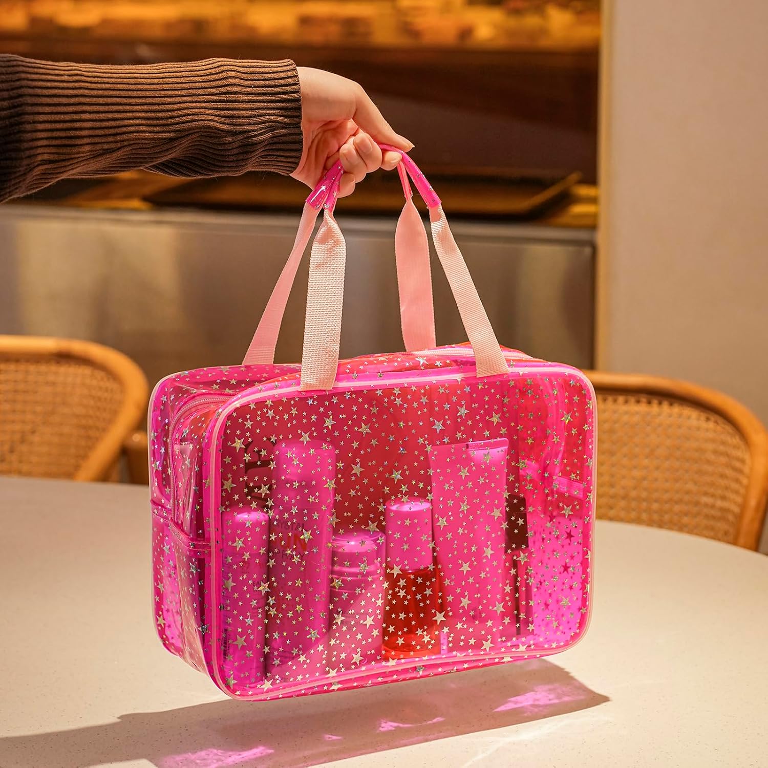 Clear PVC Star Large Cosmetic Bag, Transparent Large Zippered Opening Makeup Bag, Portable Waterproof Travel Bag with Handle, Gym, Swimming and Beach Bag (01Pink) - Image 3
