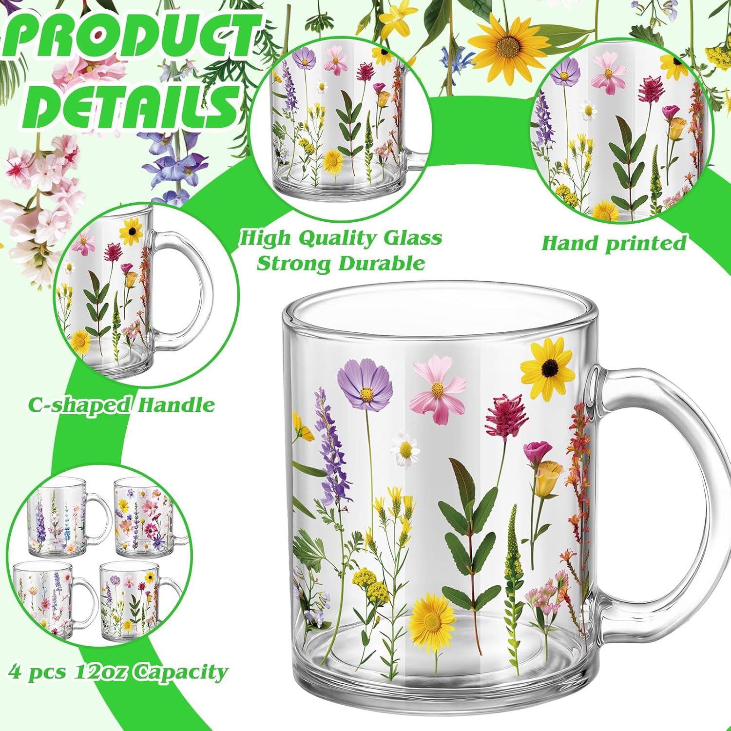 Tioncy 4 Pcs Spring Flower Coffee Mugs 12 oz Floral Glass Cups with Handle Spring Wildflower Coffee Cup Floral Mug Gifts Drinking Containers for Holiday Party