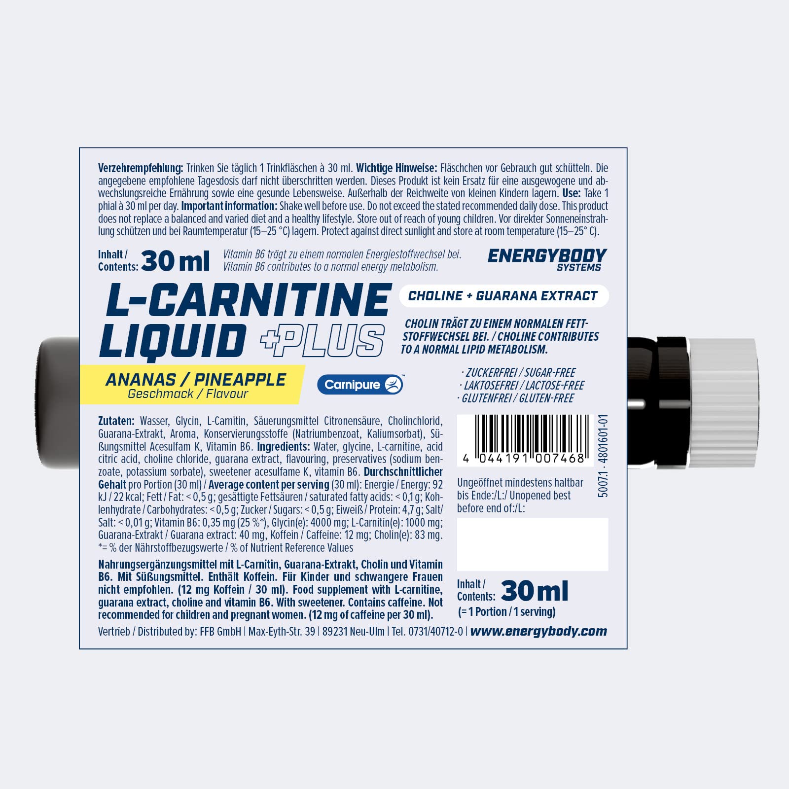 Energybody® L-Carnitine Liquid Plus - 20x30ml - L Carnitin Liquid mit Cholin & Guarana/Nahrungsergänzung für einen normalen Fettstoffwechsel