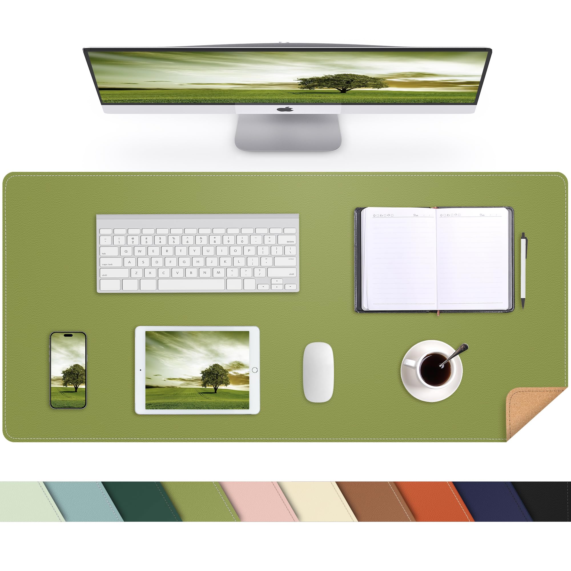 Leather Desk Mat, Large Mouse Mat,PU Leather & Cork Desk Pad, Waterproof Leather Table Protector Writing Pad for Office and Home(90x 43cm,Olive Green) — image 1