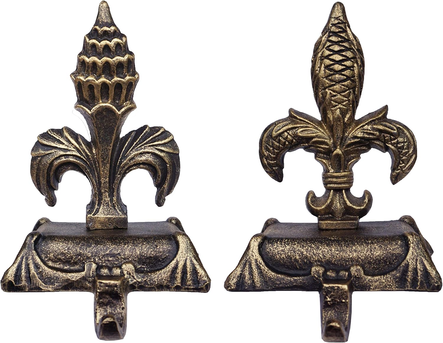 Lulu Decor, Metallic Gold cast Iron Fleur de lis Christmas Stocking Holders, Set of 2 Strong Sturdy Hooks on a Strong Wide Base, Sophisticated Hooks, Beautiful Mantel Decoration (2 Piece Set)