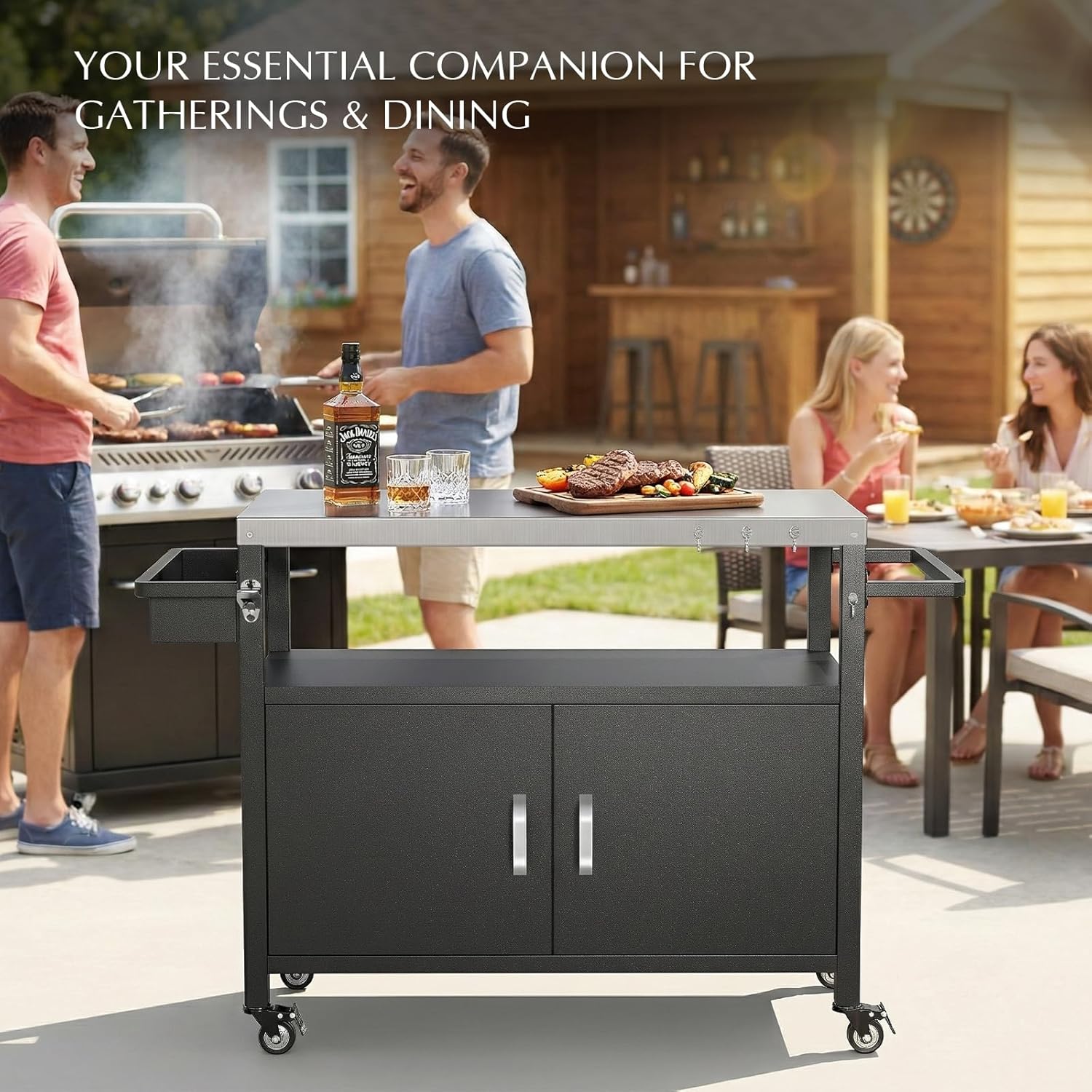 Belord Outdoor Grill Table with Storage Cabinet, Outdoor Grill Cart with Wheels, Movable BBQ Cart Prep Station Kitchen with Stainless Steel Top and Removable Side Basket for Poolside Backyard Black