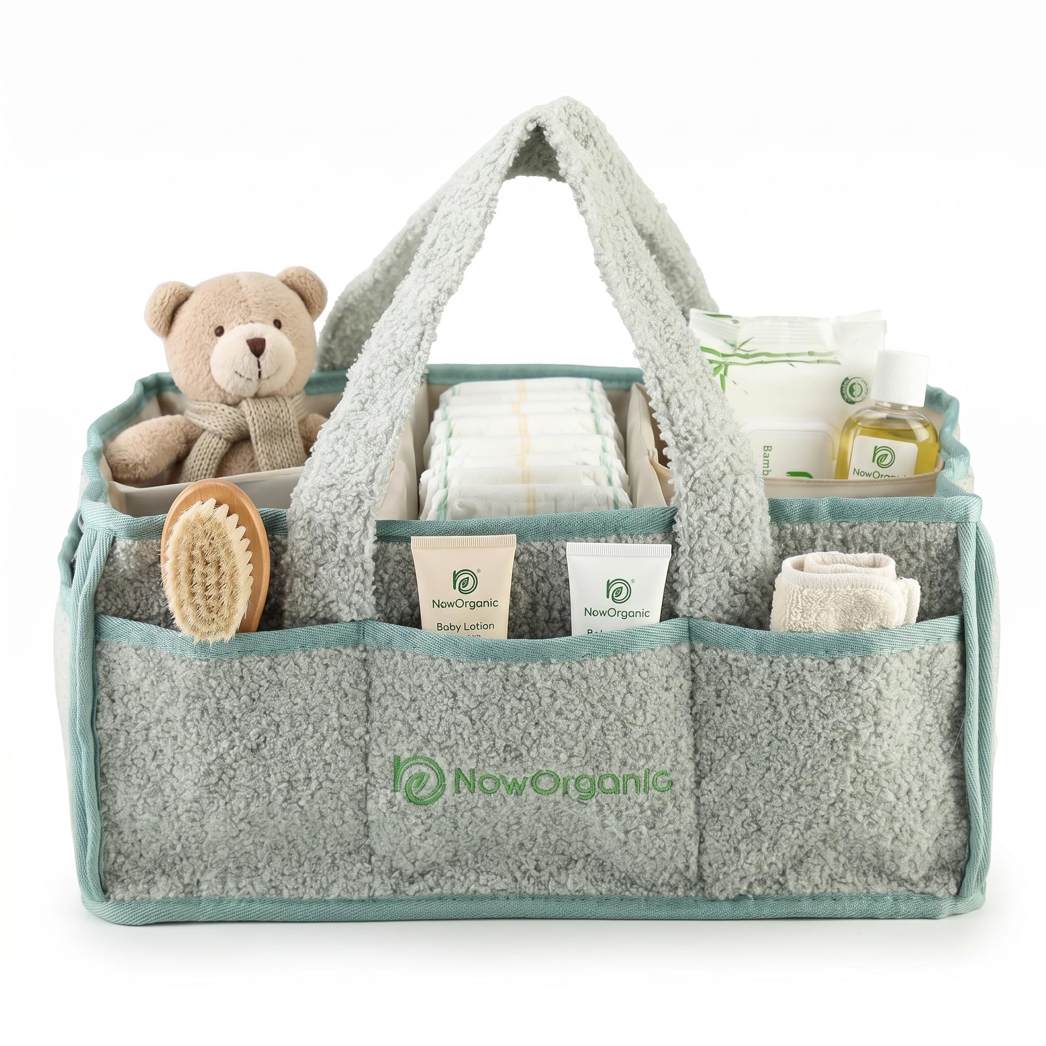 Now Organic Caddy Organizer – Large Nursery Storage Basket for Diapers, Wipes, Toys & Baby Essentials | Portable Caddy with Handles & Removable Dividers | Baby Shower Gift for New Parents (Green)-image-15