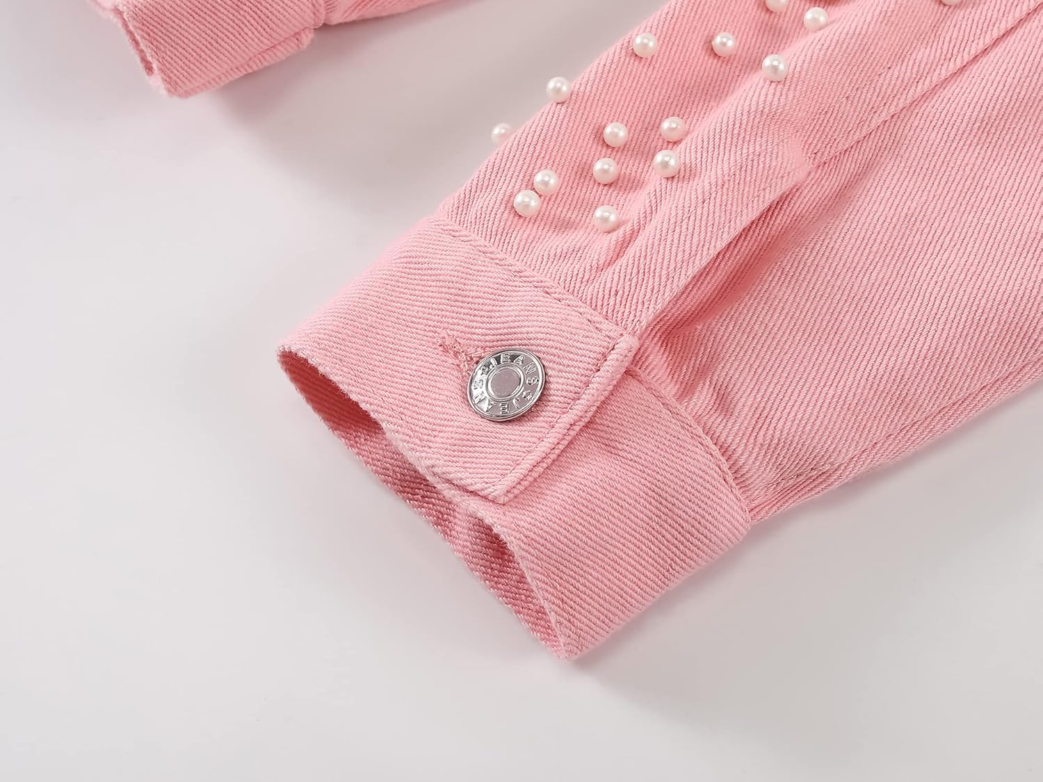 LifeShe Women's Pearls Denim Jacket Cropped Rhinestones Jean Jacket Coat - Image 5