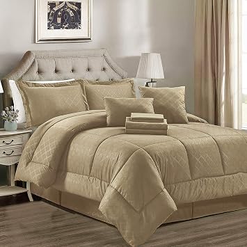 JML Twin Size Comforter Set, 8 Piece Microfiber Bedding Comforter Sets with Shams - 430GSM Heavyweight, Luxury Solid Color Quilted Embroidered Pattern, Perfect for Bed Room or Guest Room, Taupe