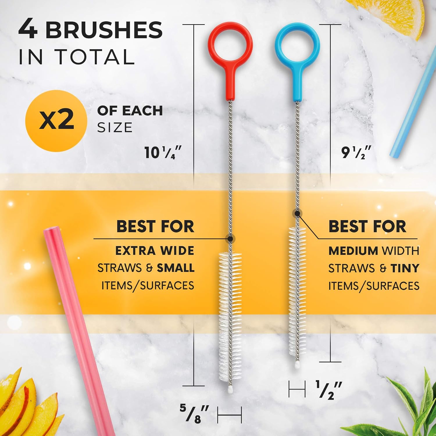 Heavy Duty Cleaning Brushes Set of 4 - Extra Long Straw Cleaners for Tumblers, Metal and Plastic Reusable Drinking Straws, Sippy Cups, Bottles and to Clean Small Tubes an Pipes : Health & Household