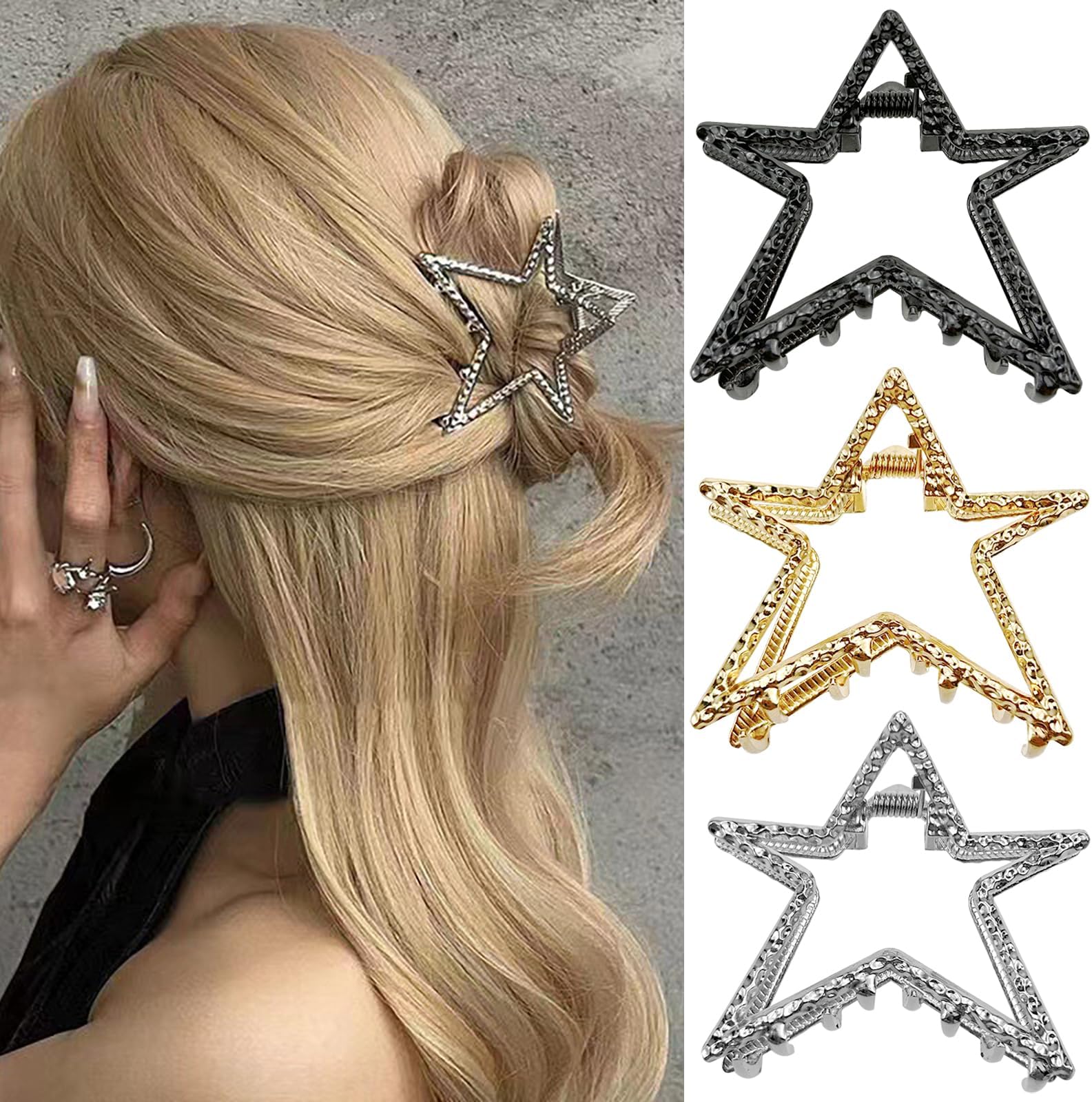 3 PCS Vintage Metal Star Hair Claw,Strong Hold Non-Slip Claw Barrettes Fashion Hair Accessories for Women Girls Thin Thick Hair