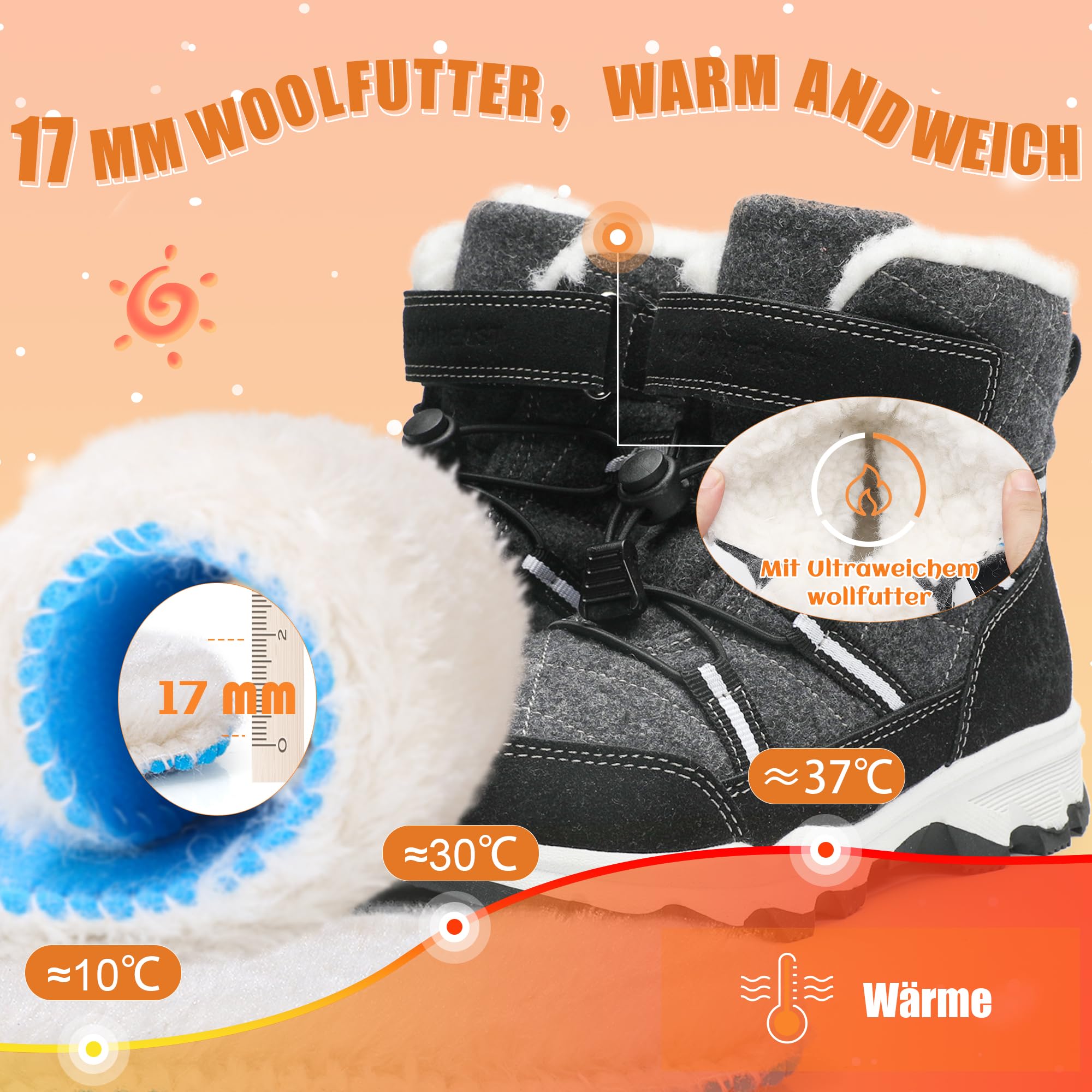 Stivali da Neve Bambini Scarpe Invernali di Lana Calde Antiscivolo Traspirante Escursionismo Scarponi da Ragazzi