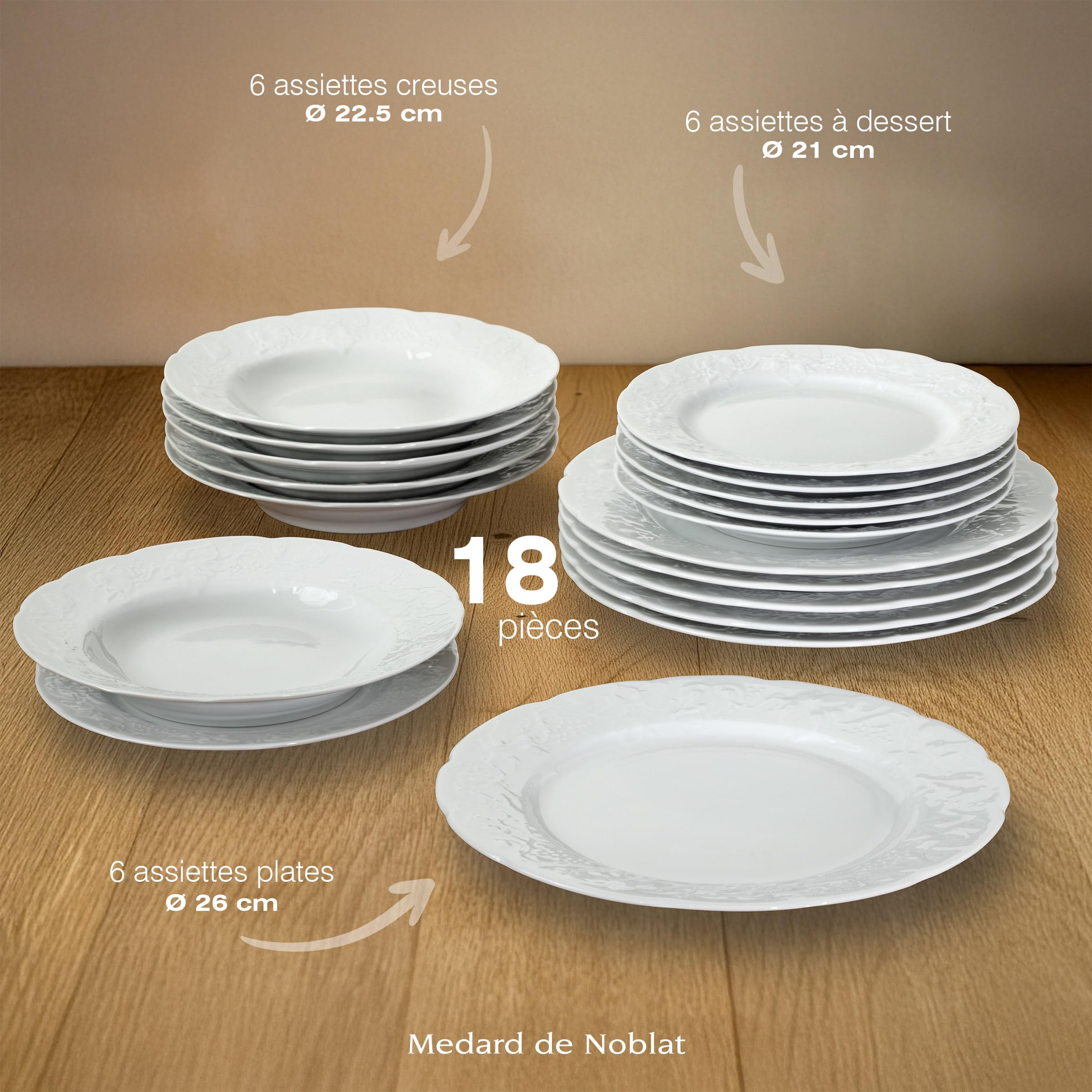Médard de Noblat - Service vaisselle - Provence - Porcelaine - Lot de 18 assiettes - Blanc
