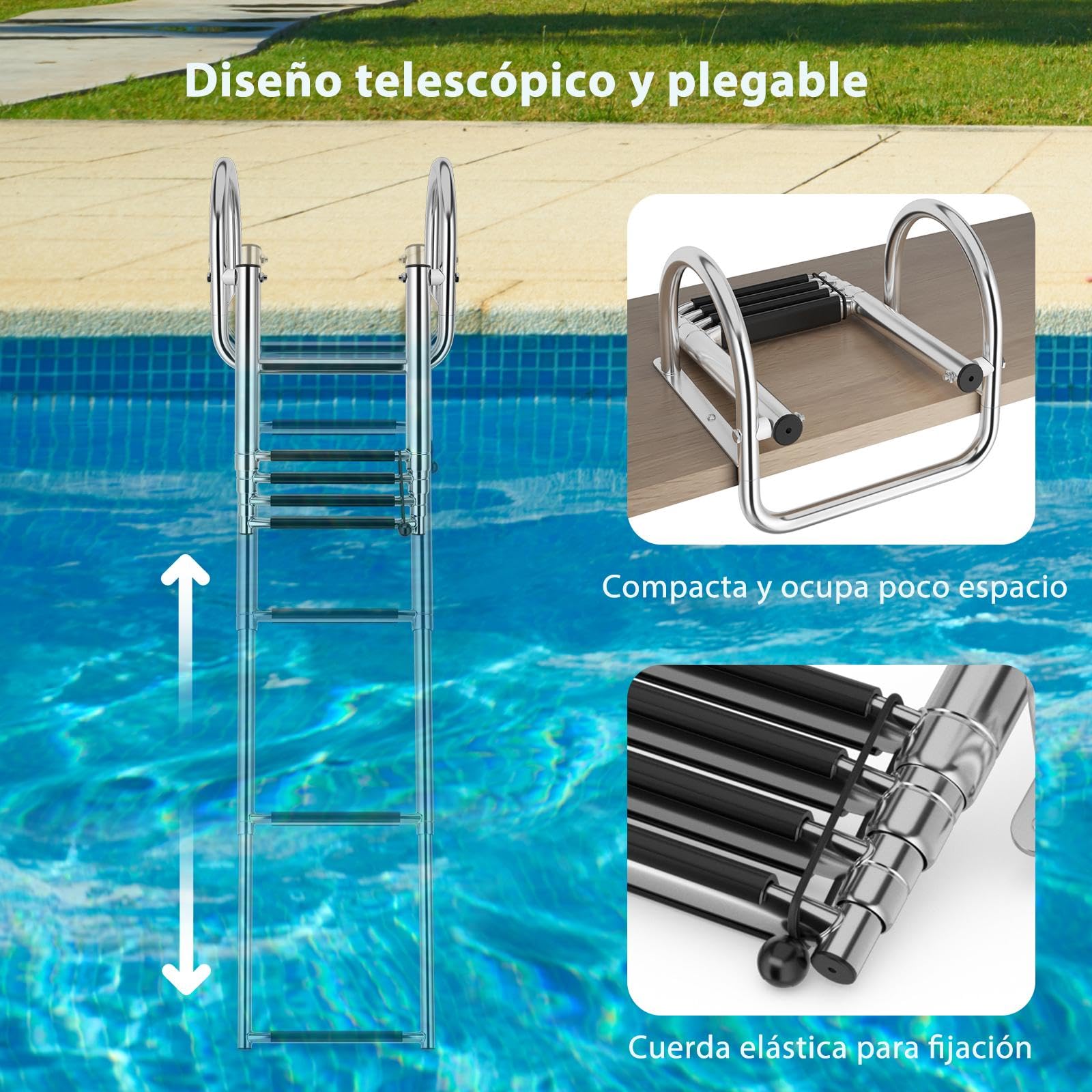 SOARS Escalera Plegable de Acero Inoxidable - 4 Peldaños, Telescópica con Pasamanos y Pisos Antideslizantes - Capacidad 227 kg - Ideal para Barcos, Baños y Cubiertas, Fijación Trasera de la Escalera