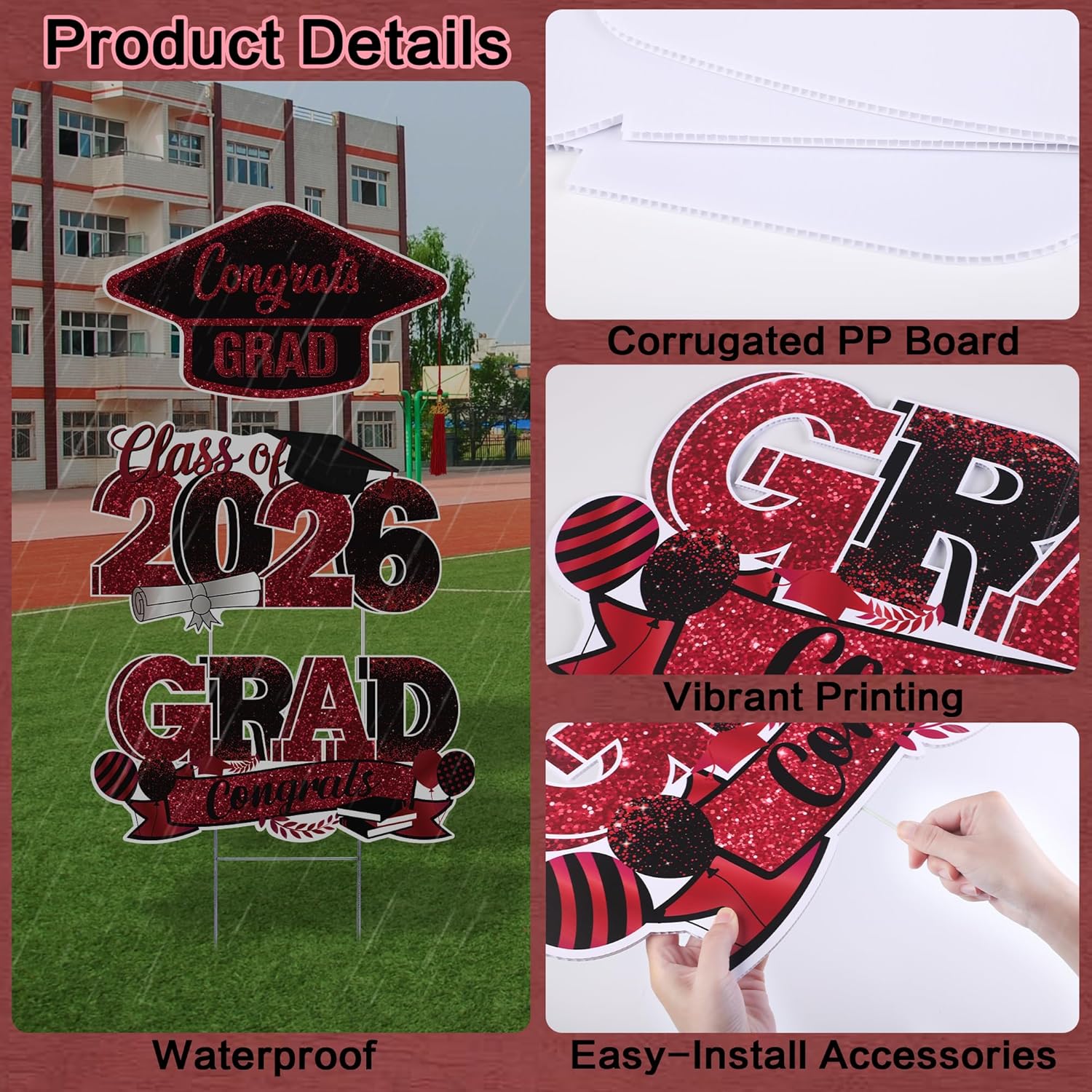 Graduation Yard Signs Class of 2026, 3-Pack Maroon Congrats Grad Yard Sign with Metal Stakes and Whiteboards for Graduation Party Decorations Outdoor Party Supplies