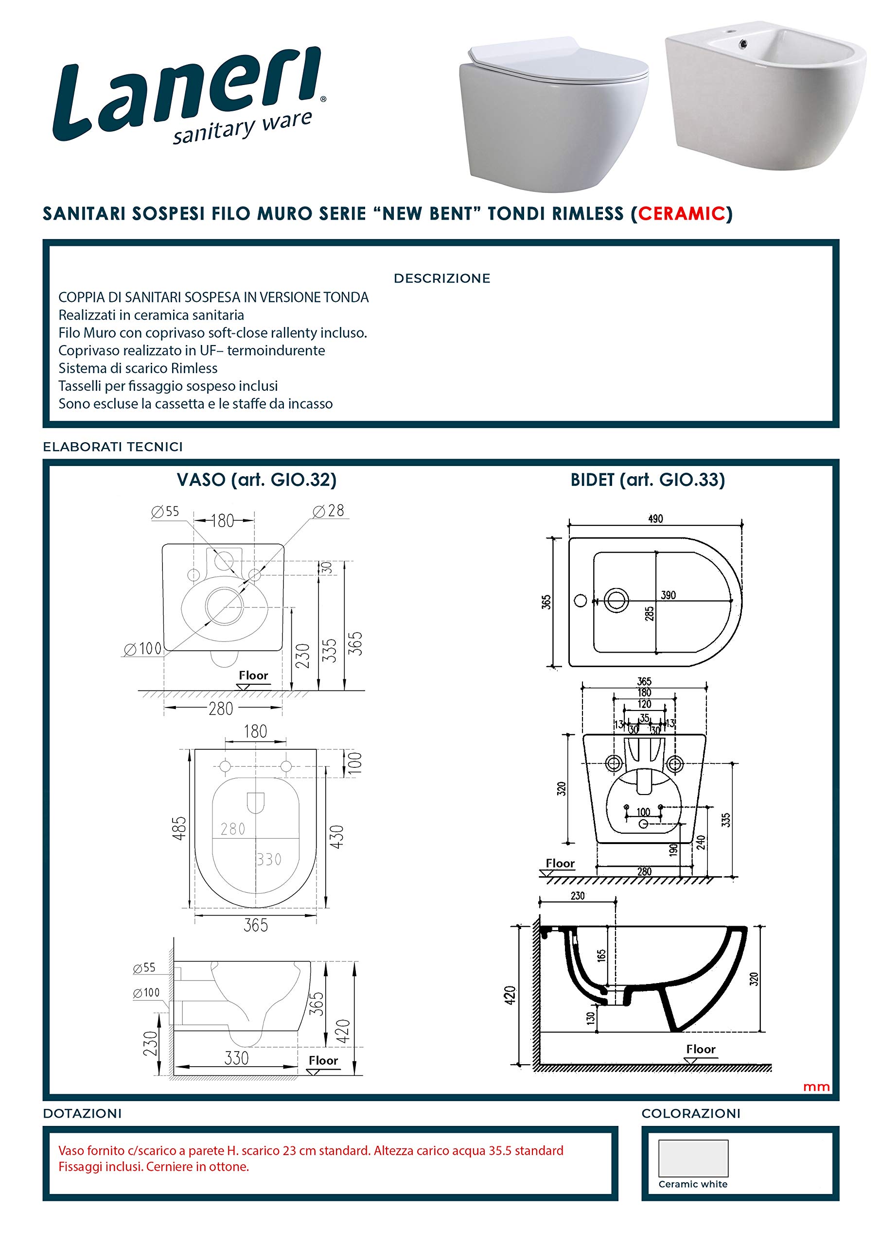 Coppia Sanitari Sospesi Rimless senza brida linea tonda dimensioni ridotte coprivaso soft-close