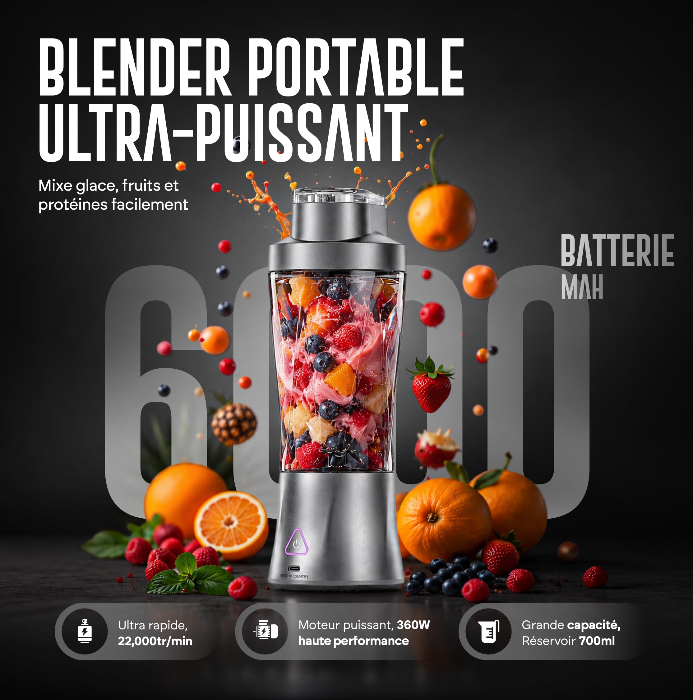 Blender Portable 700 ml, Mixeur Smoothie & Milkshake Rechargeable, 6 Lames Inox, 360 W, Broyeur à Glace, Shaker Protéiné Fruits et Légumes, Nettoyage Facile avec Brosse Incluse