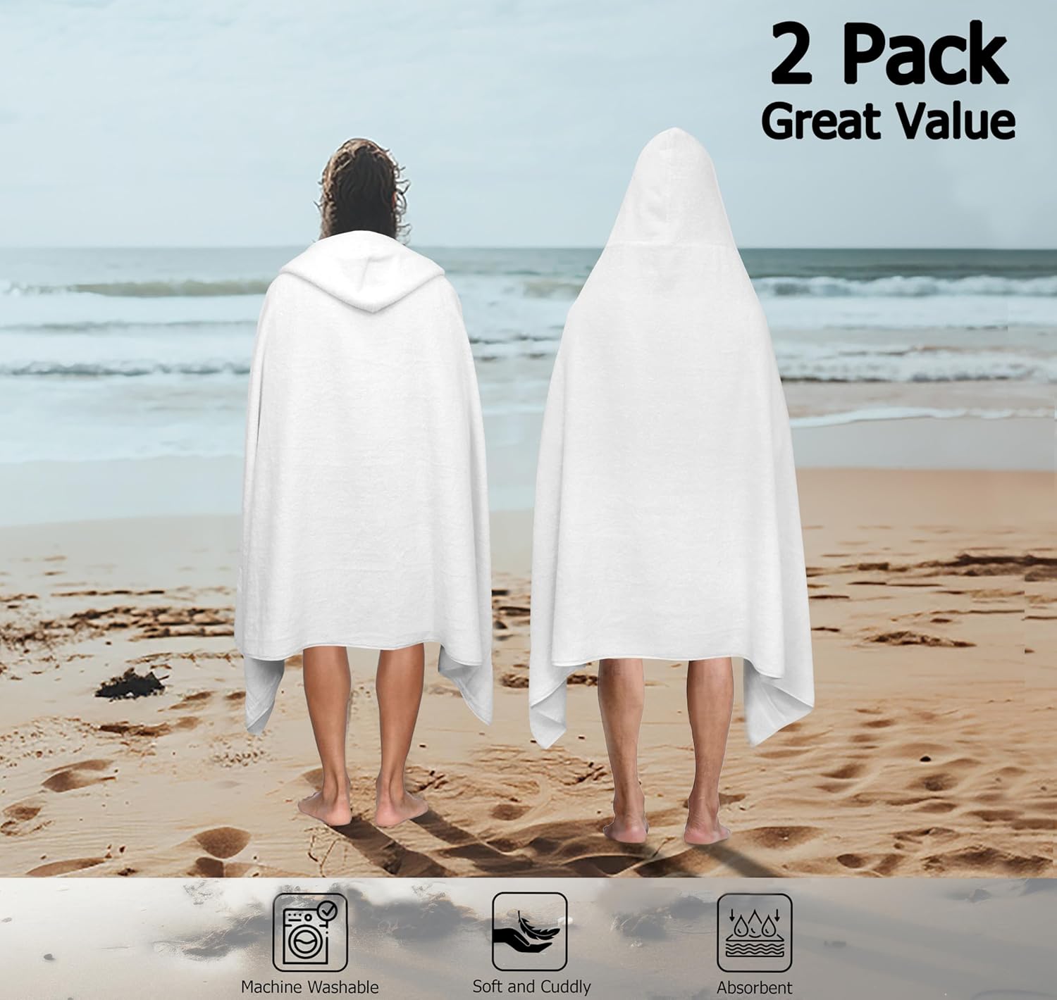COTTON CRAFT Ultra Soft Hooded Towel – 2 Pack Oversized 35x70 Towel with Hood for Adults - 580 GSM 100% Cotton Ringspun Terry - Pool Beach Bath Sheet Wrap - Luxurious Plush Absorbent Bath Wrap – White