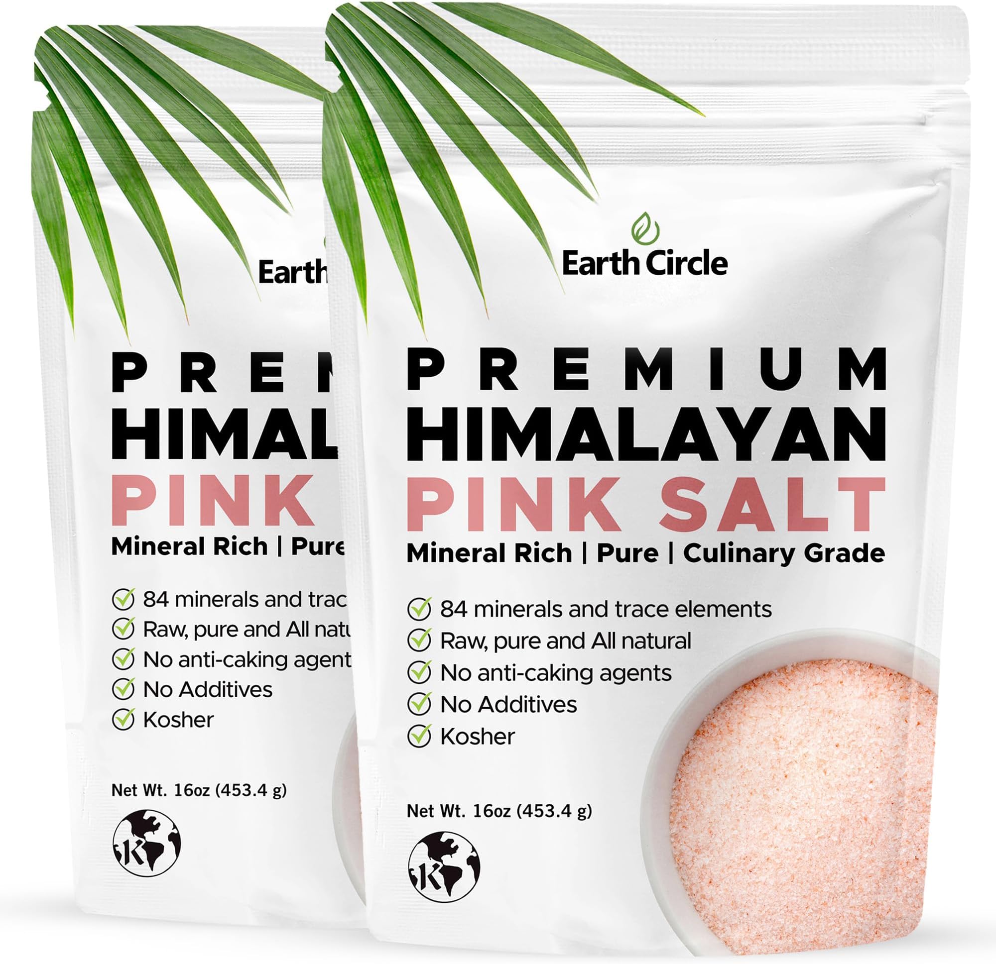 Earth Circle Premium Himalayan Unrefined Pink Fine Grain Salt, Pure Culinary Grade - Kosher, Nutrient and Mineral Dense, 1 Pound (Pack of 2)