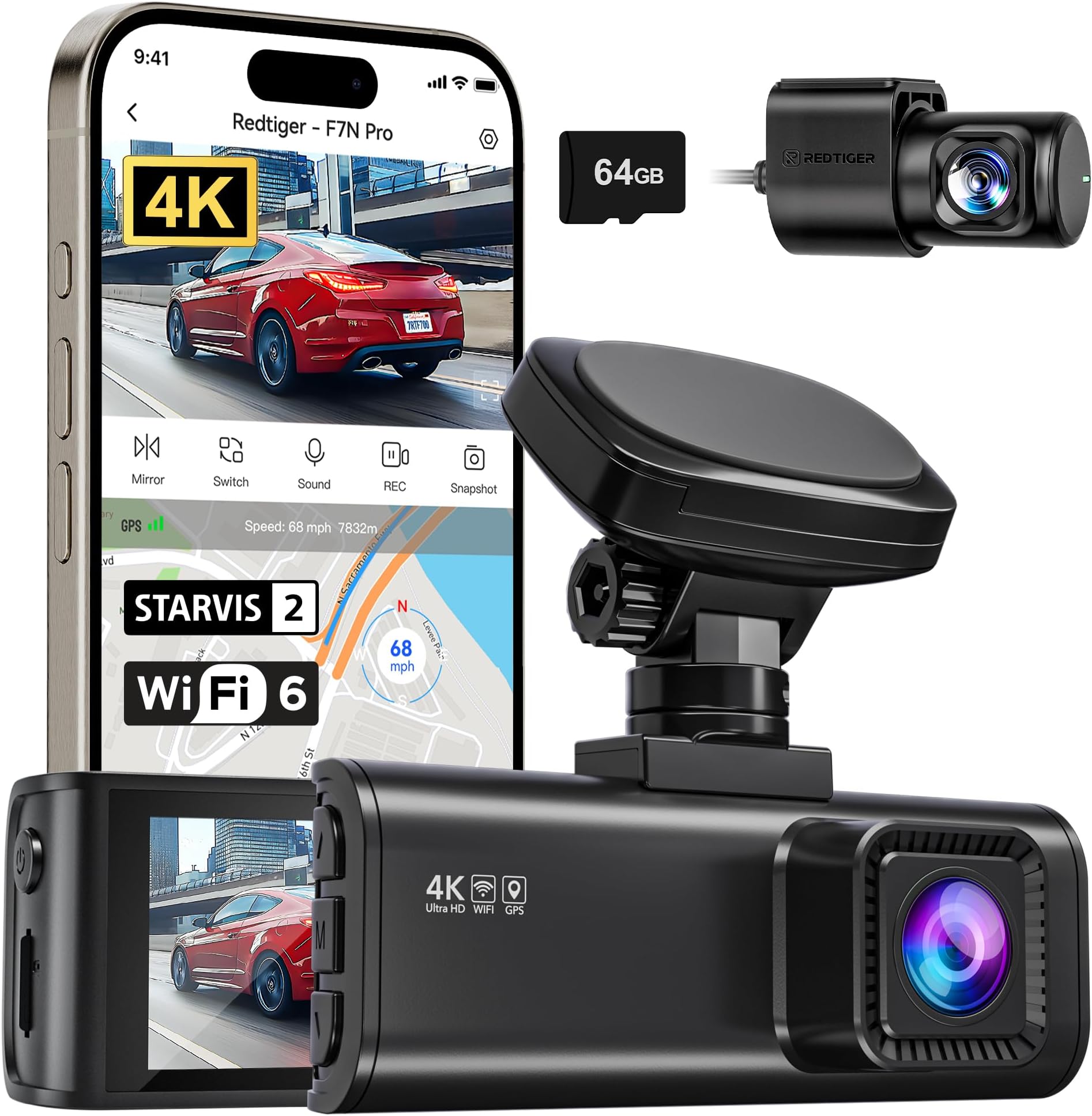 - REDTIGER 4K Dash Cam Front and Rear, STARVIS 2 Sensor, 64GB Card Included, 4K/2.5K+1080P Dual Dash Camera for Cars Built-in WiFi GPS, 3.18 Inch IPS Screen, 170ยฐ Wide Angle, Parking Monitor (F7N Pro)