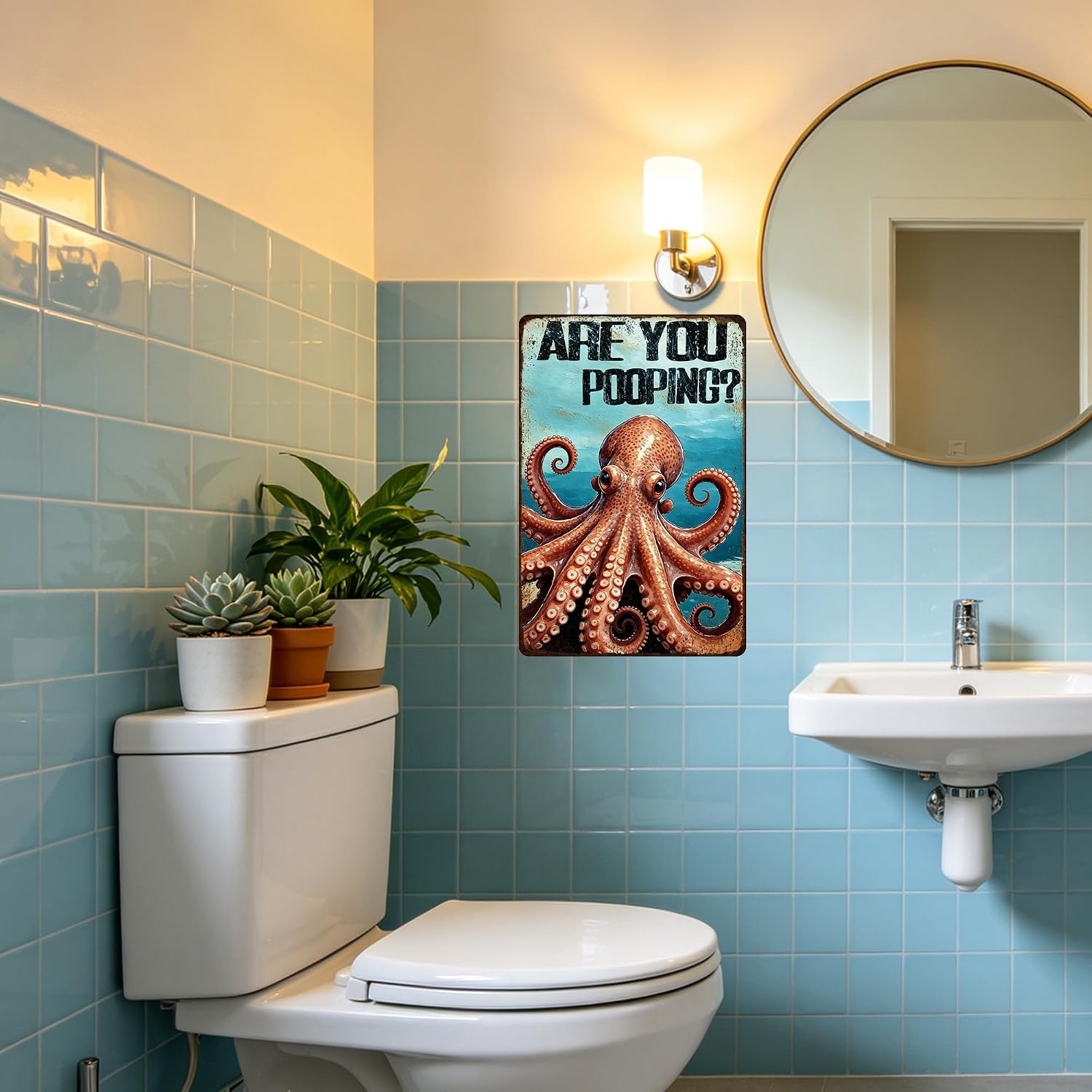 Funny Octopus Gifts Are You Pooping Vintage Metal Sign for Home Bathroom Decor image 2