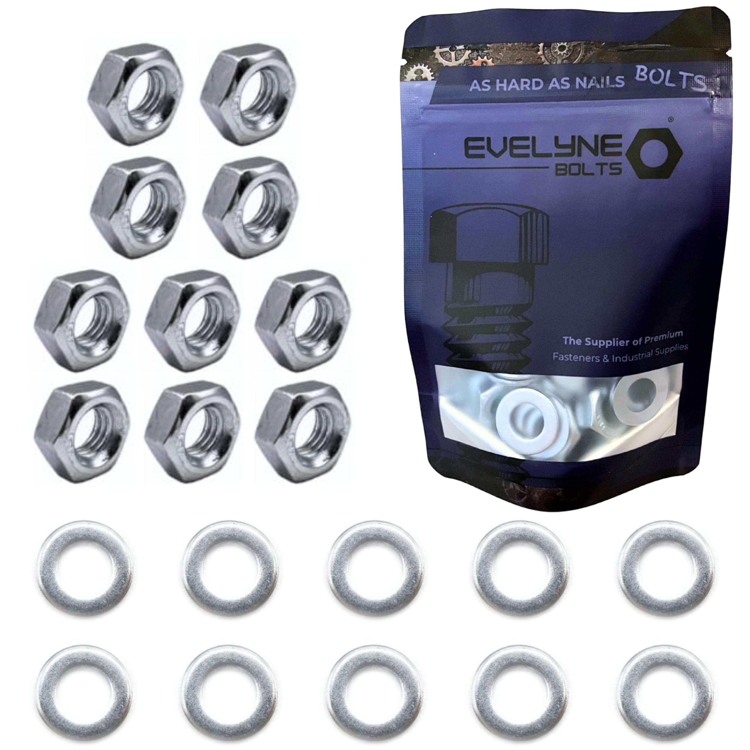 8mm Nuts & Washers Set. 10 – M8 Steel Nuts & 10 – M8 Form A Flat Washers.