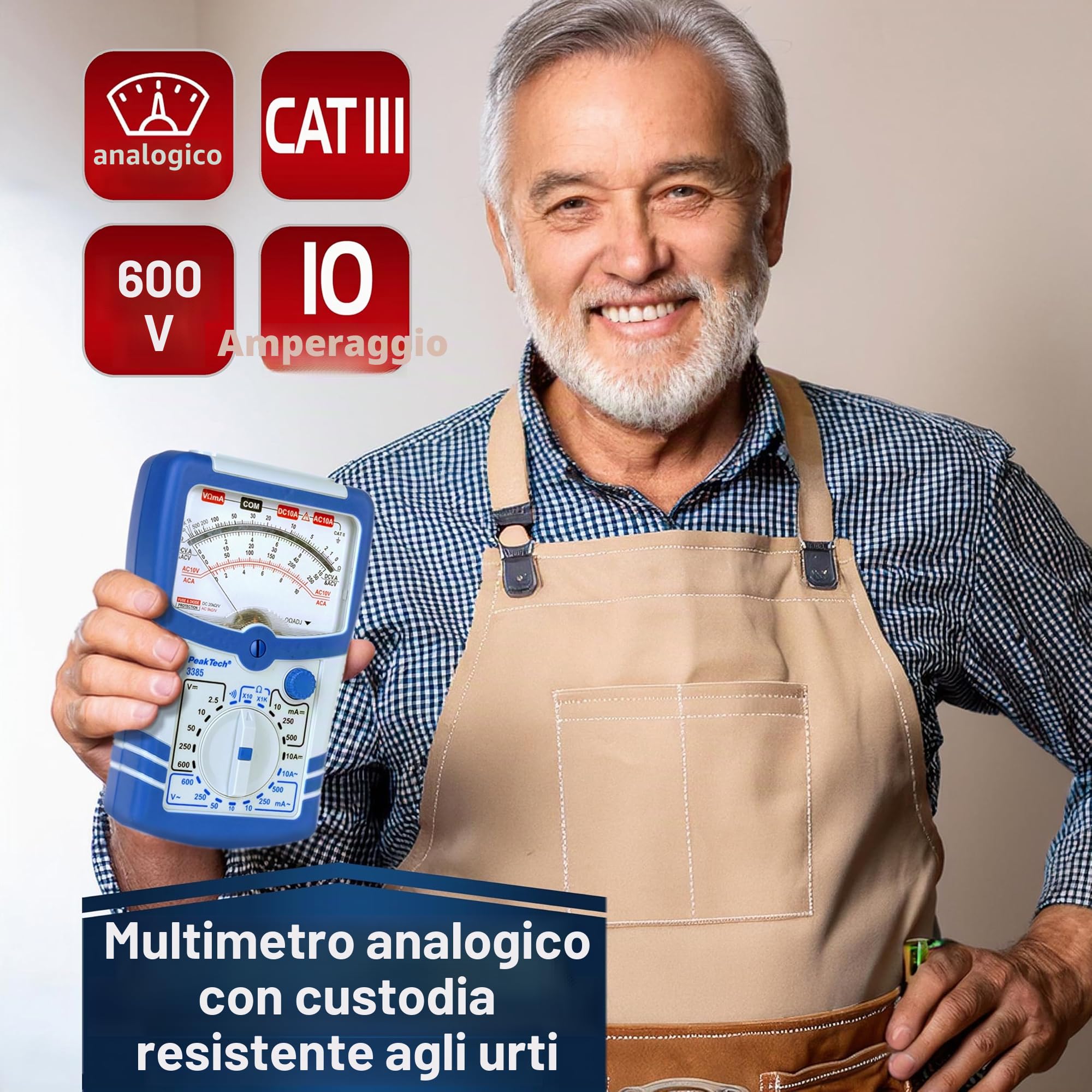 PeakTech P 3385 Multimetro analogico con voltmetro amperometro ohmetro tester di continuità fino a 600 V AC DC 10 A adatto per installazioni elettriche 230 V