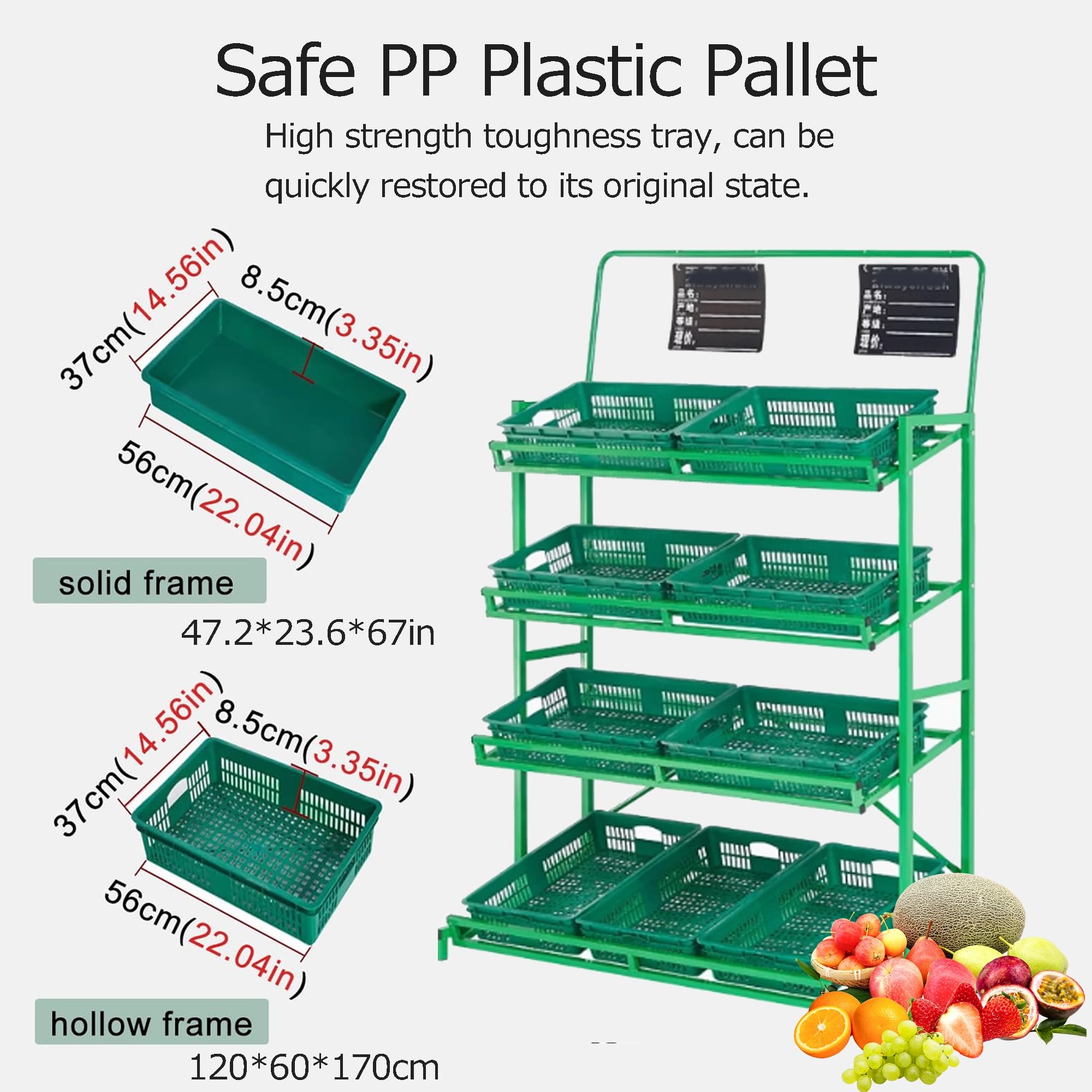 Soporte de exhibición, Estante de exhibición de verduras de 4 niveles, estante de almacenamiento de frutas de supermercado, con caja de almacenamiento desmontable(Nero,120 * 60 * 170cm)