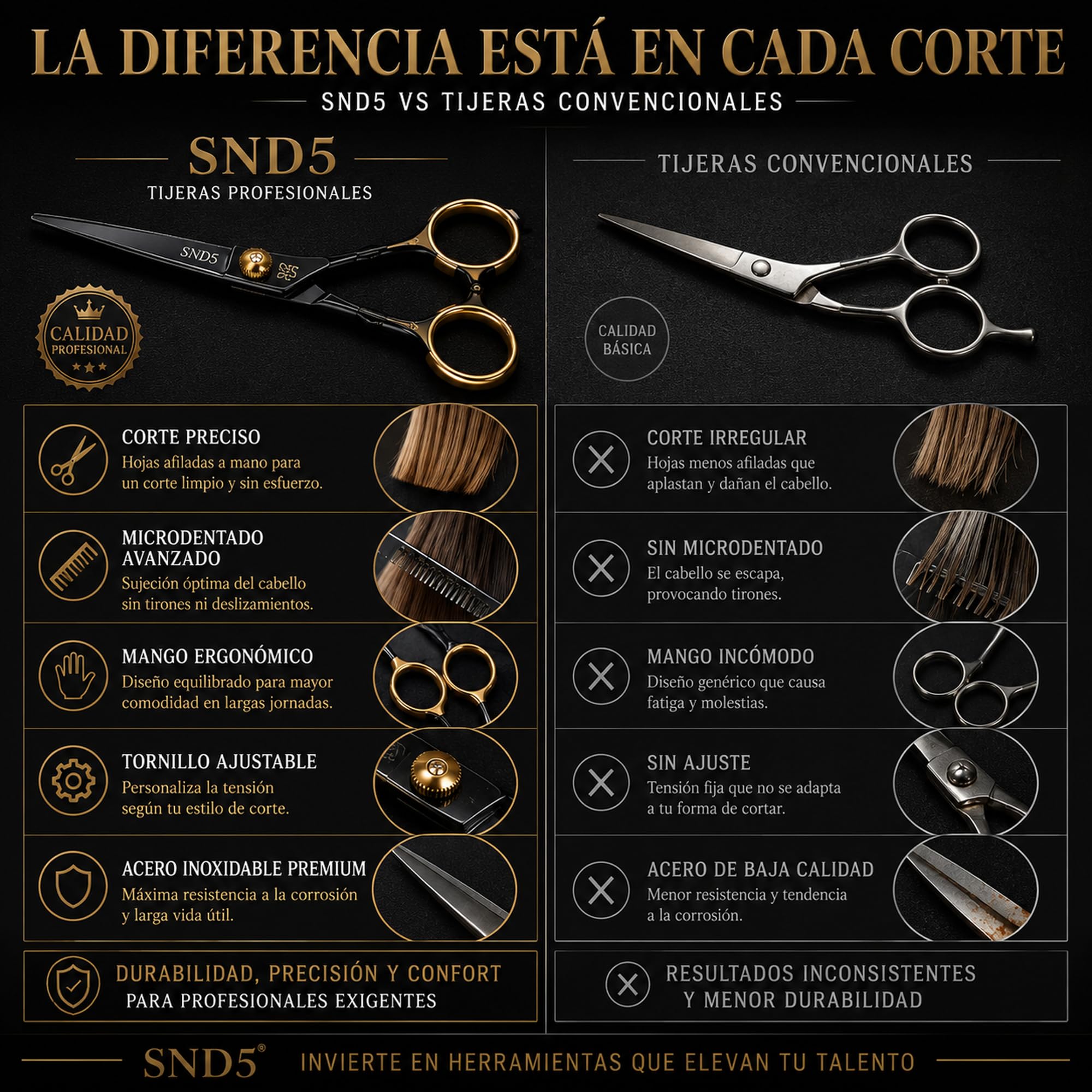 Tijeras Peluquería Profesional SND5 ORIGEN 6,5" - Set de Tijeras de Corte y Entresacar con Estuche Premium, Ideales para Cabello y Barba, Equilibradas, Precisas y Cómodas para Peluqueros y Barberos
