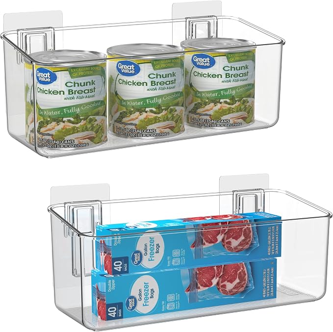 2 Pack Plastic Adhesive Mount Over Cabinet Door Organizer, Wall Organization Container Makeup Organizer Hanging Basket Bins for Kitchen, Pantry, Craft Room, Office, Space Saving Holder