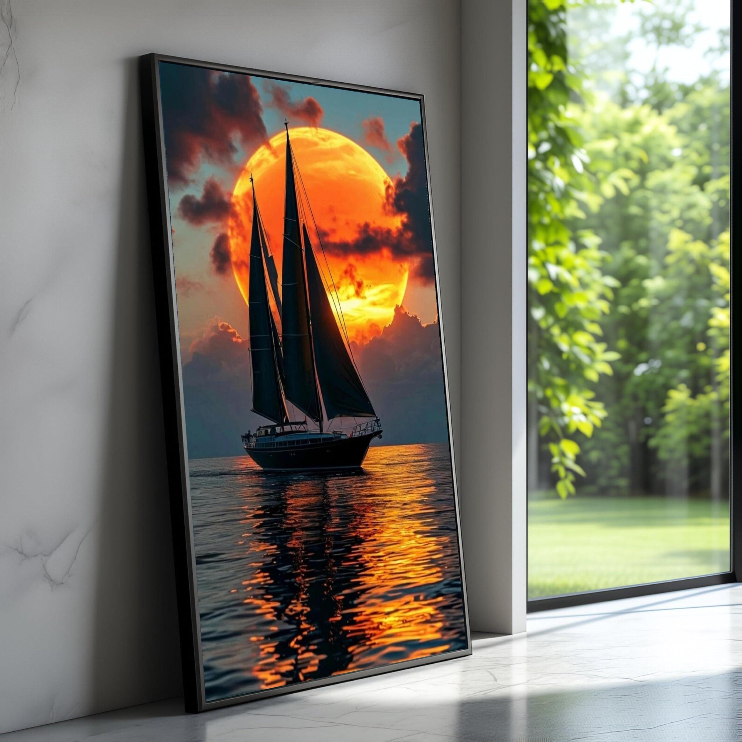 TONGYINLI Sunset Sailboat Canvas Wall Art, Ocean Sunset Painting, Silhouette Sailboat Canvas Prints, Nautical Home Decor(70x130cm/Frameless)