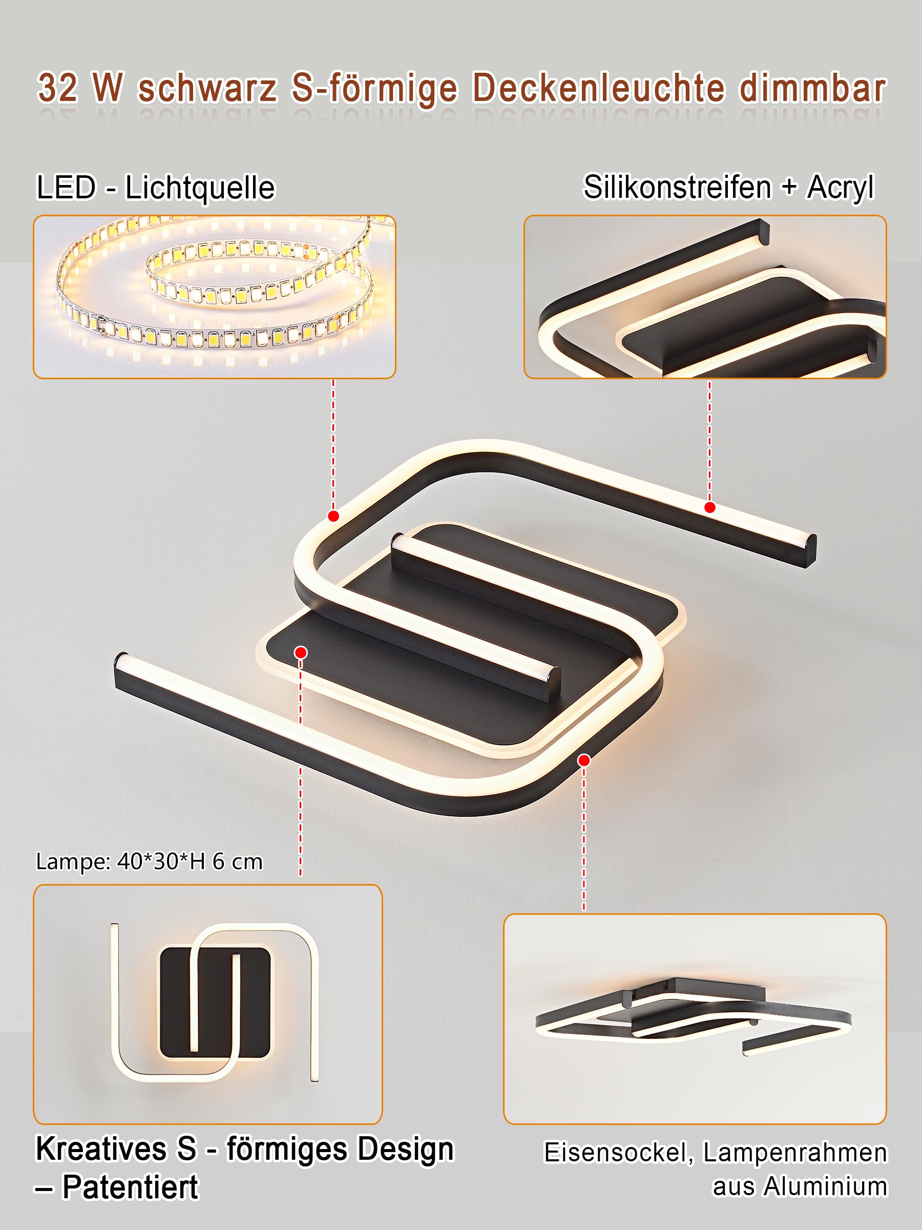 LED Deckenleuchte Dimmbar schwarz S-Form, 32W 40cm 3200lm mit Fernbedienung/Mobile APP, Farbtemperatur 3000-6000K, Helligkeit 3-32W, 3W Nachtlicht, Memory-Funktion, Für Wohnzimmer Schlafzimmer