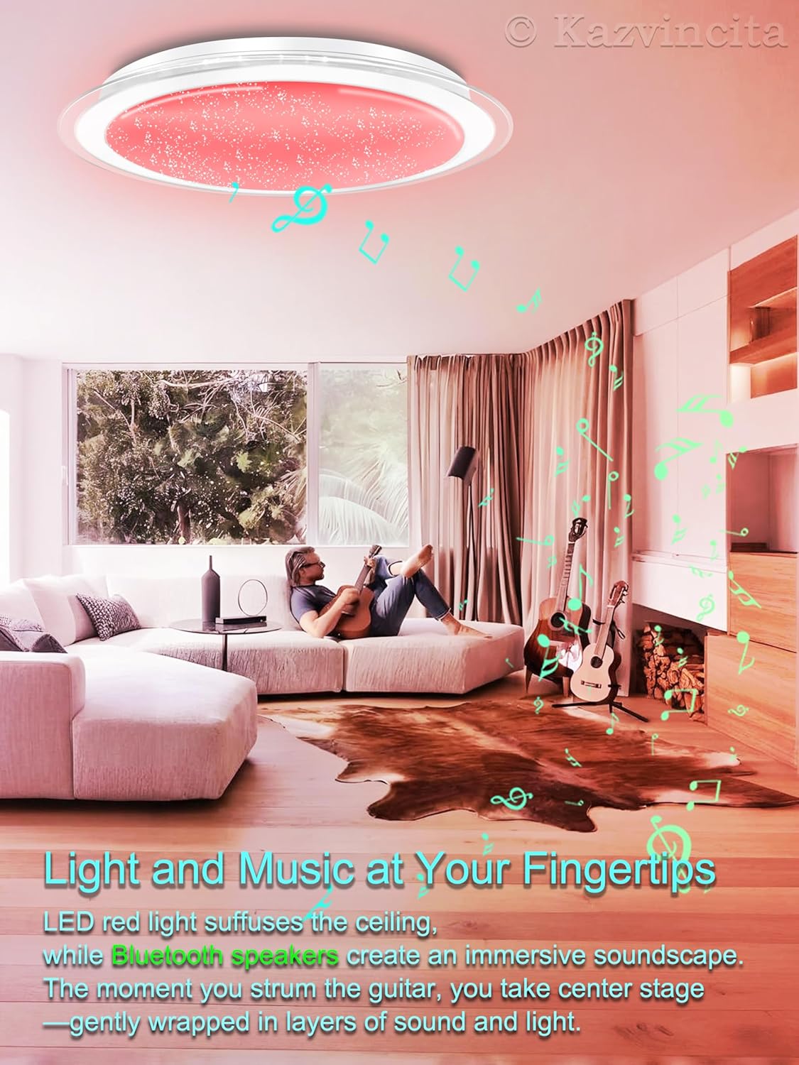 Dimmable Round Smart LED Flush Mount Ceiling Light 17 Inch Light Fixture with Bluetooth Speaker Modern RGB Ambient Lamp with Remote Work with Alexa Game Room Bedroom Living Room Kids' Room