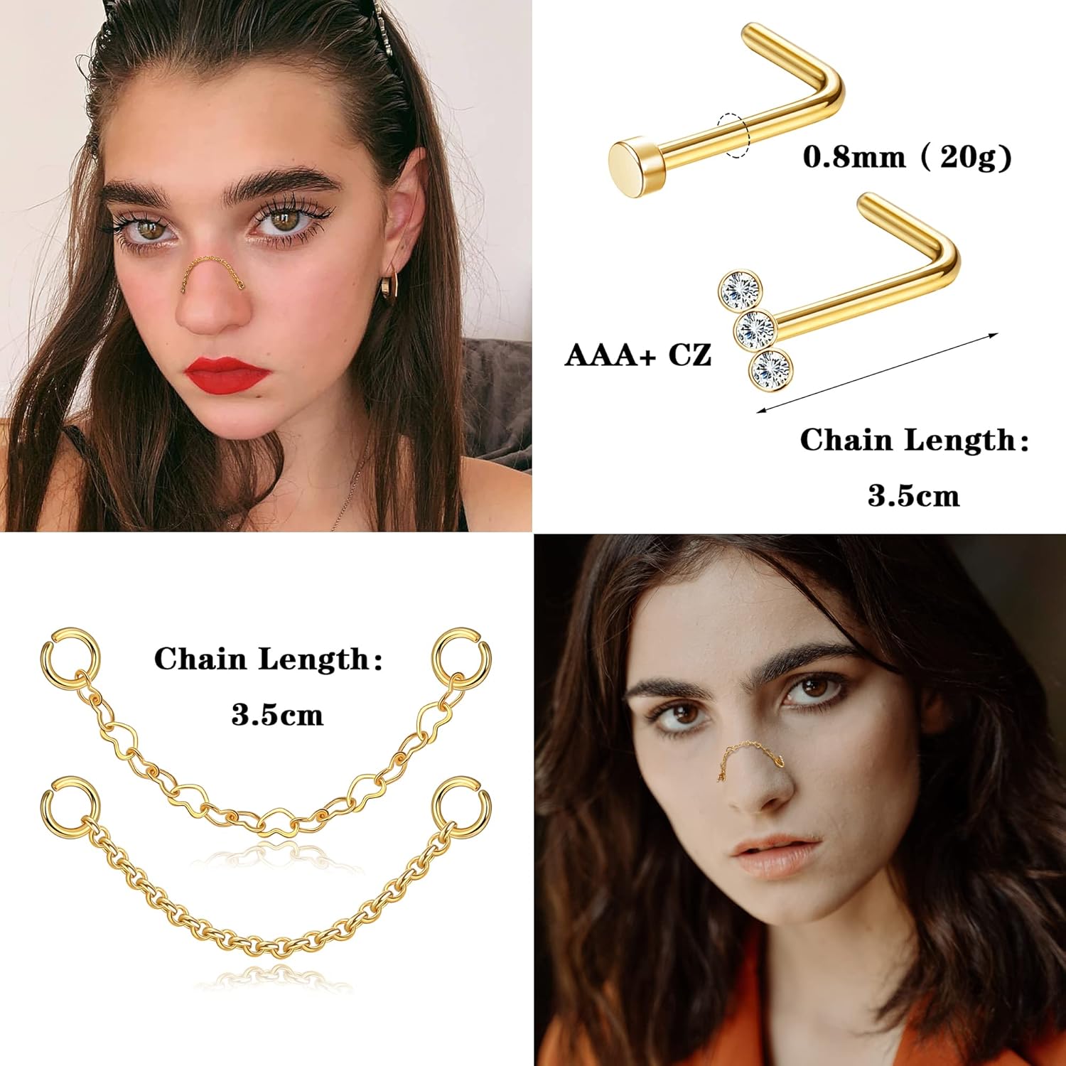 Double Nose Piercing 20G & Chain Set - Stainless Steel With CZ For High  Nostril, Bridge, Or Paired Piercings Nose Ring