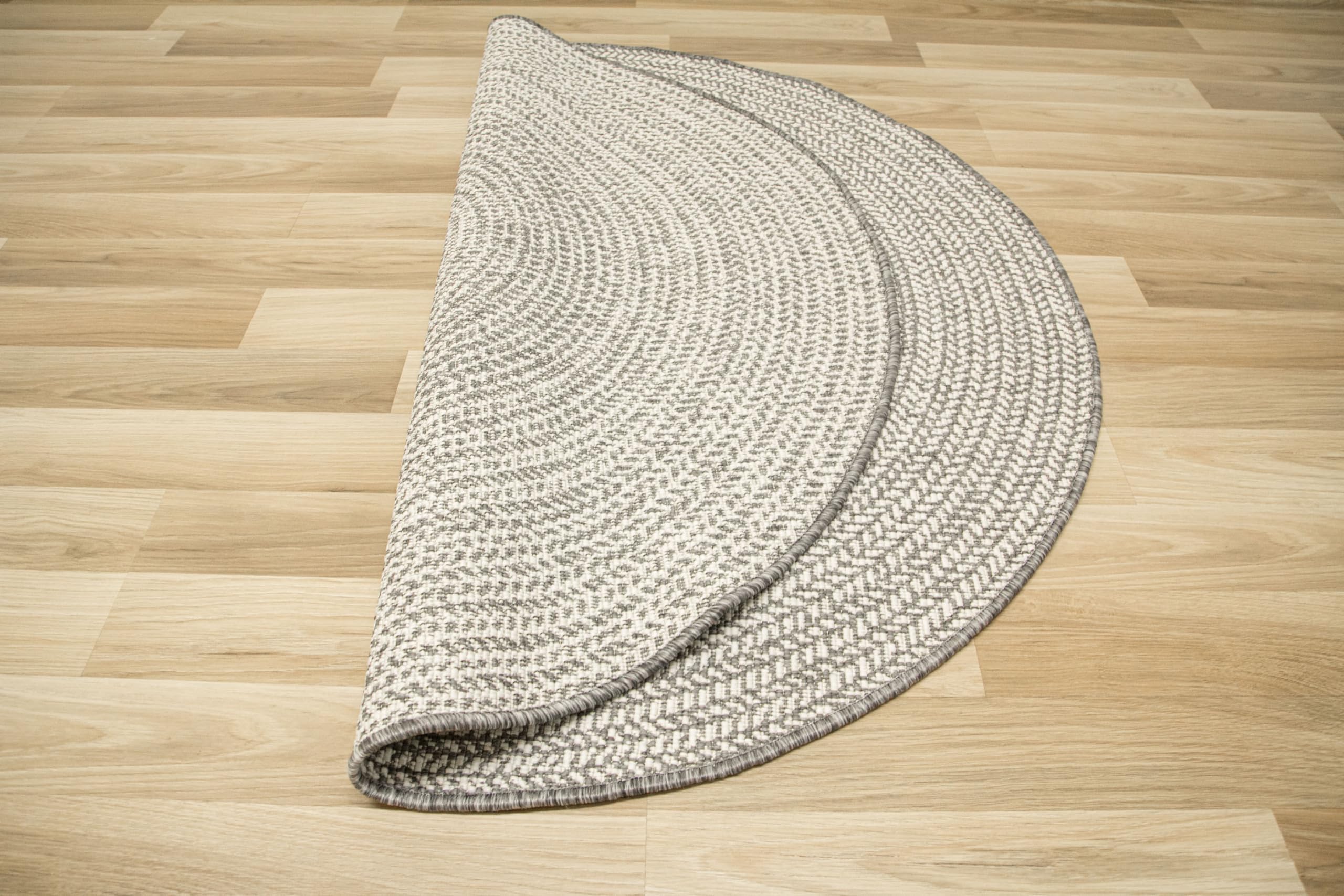 Sizalowy dywan, dwustronny, sznurkowy, na zewnątrz, do wewnątrz, na taras, na balkon, do salonu, nowoczesny, naturalne kolory, okrągły, płaskotkanny. (silver, śr. 160 cm)