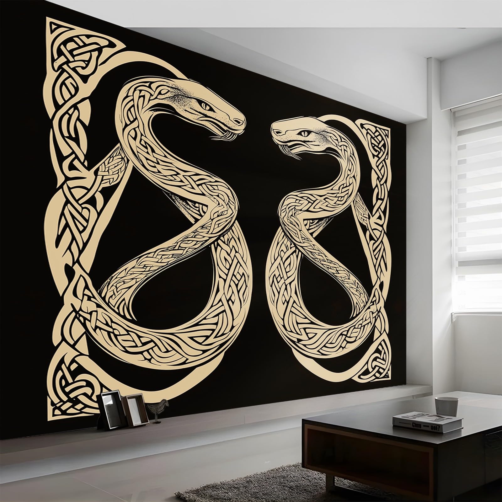 Panoramiczna tapeta serpentyna czarna złota 300 x 210 cm (szer. x wys.), dekoracja ścienna do sypialni salonu nowoczesny design do salonu dla dorosłych pokój dziecięcy restauracja
