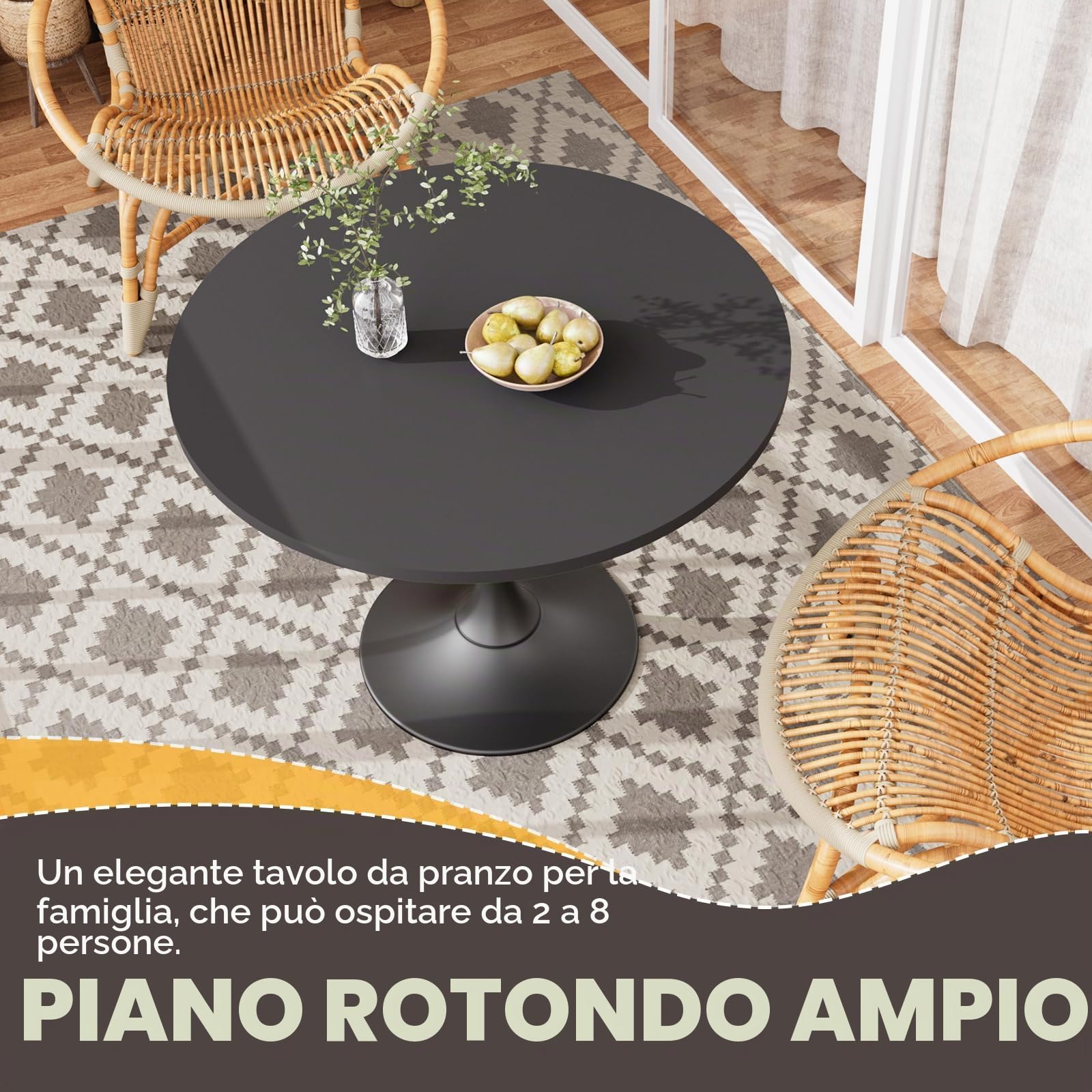 TWSOUL Tavolo da pranzo rotondo allungabile 100 – 130cm per 6 – 8 persone, tavolo da cucina con piano regolabile e base stabile a colonna, salvaspazio,superficie in legno di facile manutenzione (nero)