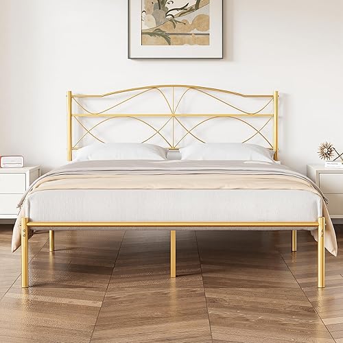 Miniatura 11 de VECELO Base de cama de plataforma metálica de tamaño matrimonial con cabecera y estribo, base de colchón de soporte de listones resistentes, no