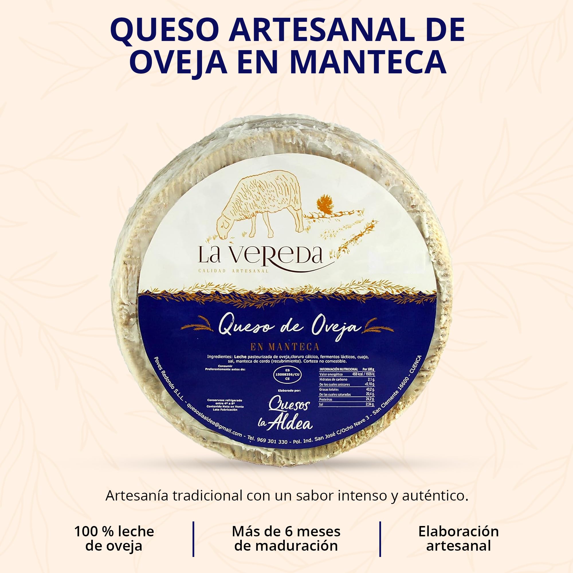 Queso Artesano de Oveja en Manteca de Cerdo 3 kg Curado Mínimo 6 Meses