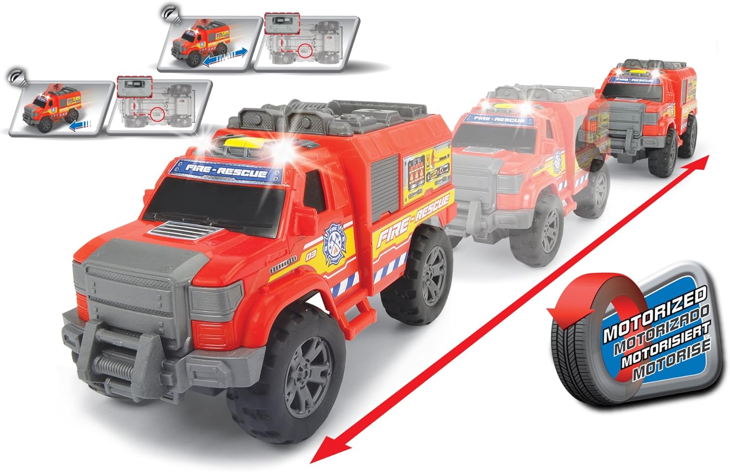 Dickie Toys Fire Rescue Off-Road Fire Truck demonstrating motorized movement