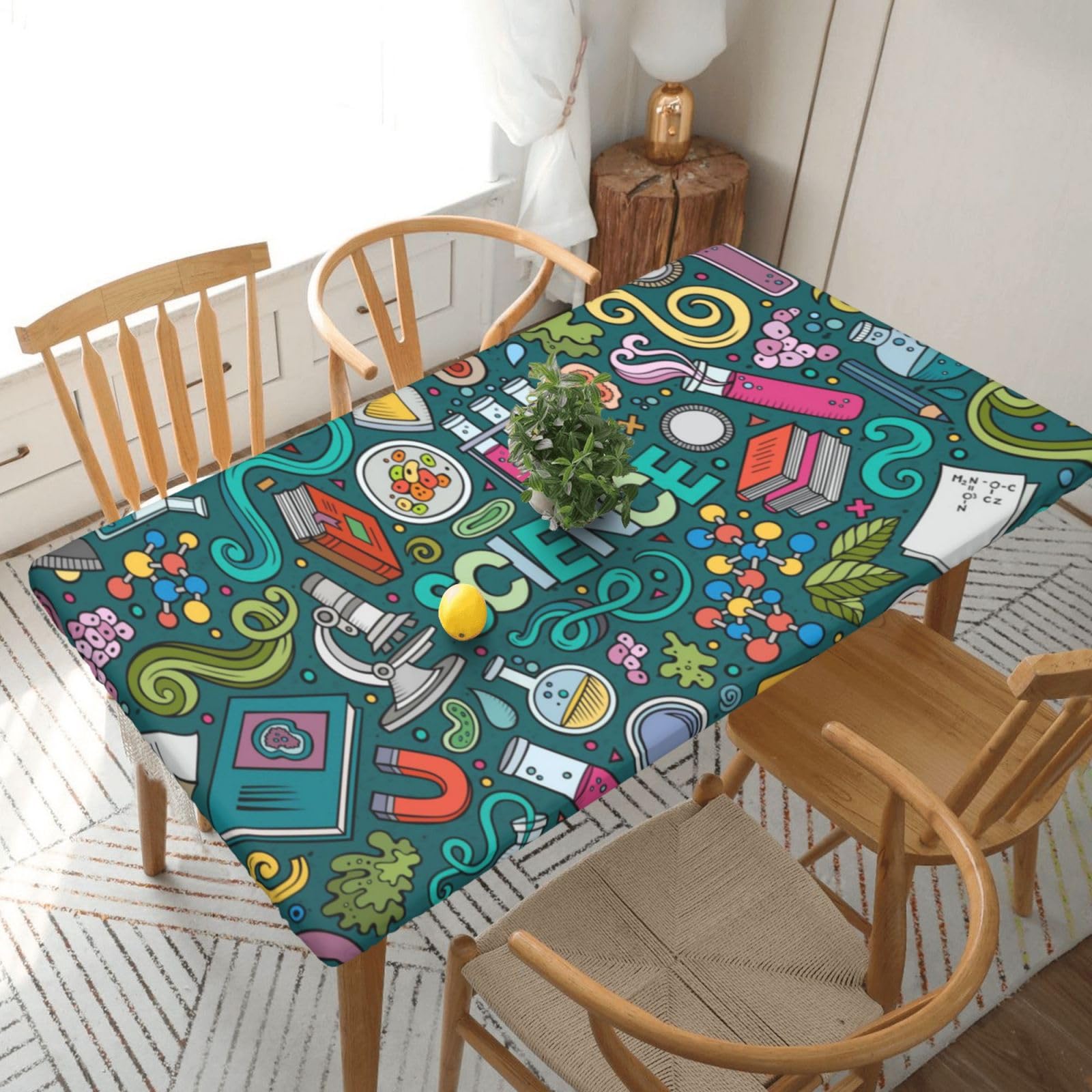 DCEHGEW Elastic Fitted Rectangle Tablecloth for 5ft Tables, Cartoon Science Theme Printed Oilproof & Washable Fabric Picnic Table Cloth Table Covers