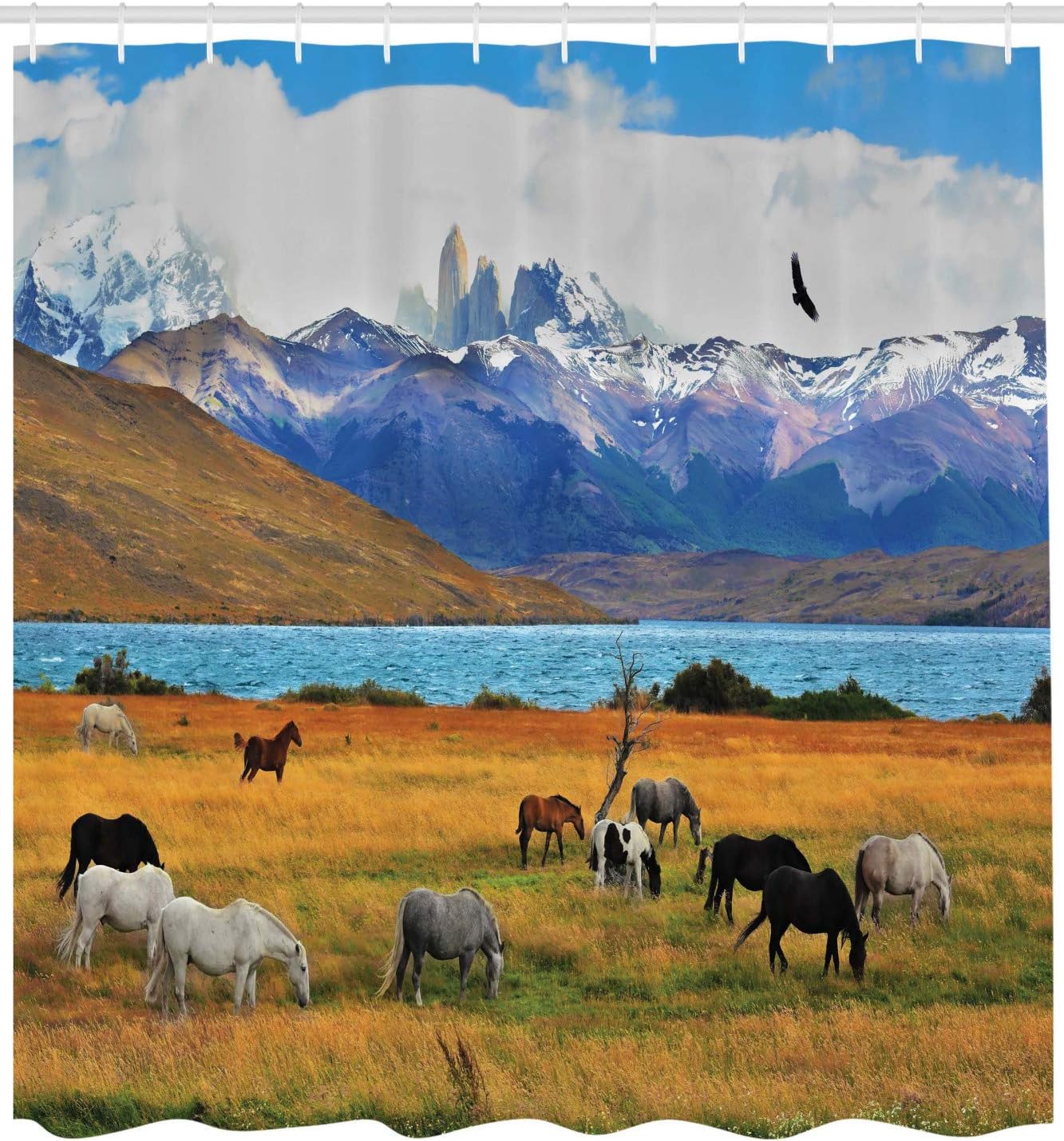 Ambesonne Scenery Shower Curtain, Animal Farm with Horses in The Vast Combe with Mountains Desert Art Photograph, Cloth Fabric Bathroom Decor Set with Hooks, 69" W x 75" L, Off White Multicolor