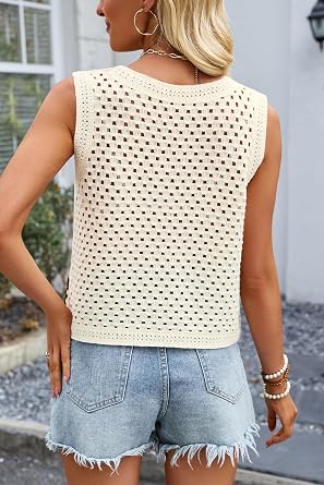 Allimy Womens Patchwork Hollow Out Checkered Crewneck Crochet Knit Tanks Tops Sleeveless Tanks Top Vest