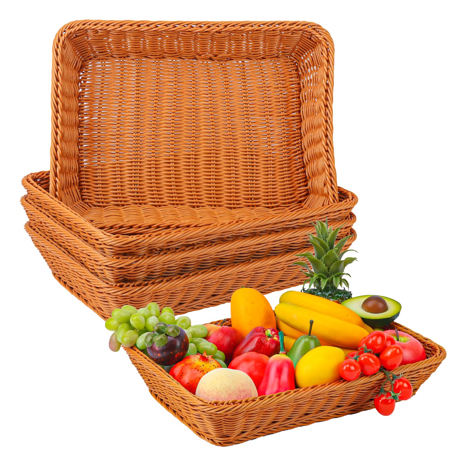 IHDYPPEW 5 Pack 16 Inch Brown Wicker Bread Basket, Handmade Woven Organizer, Rectangular Fruit Baskets, Snack Basket Food Serving Baskets for Dining Table, Candies, Crackers, Fruit, Vegetables