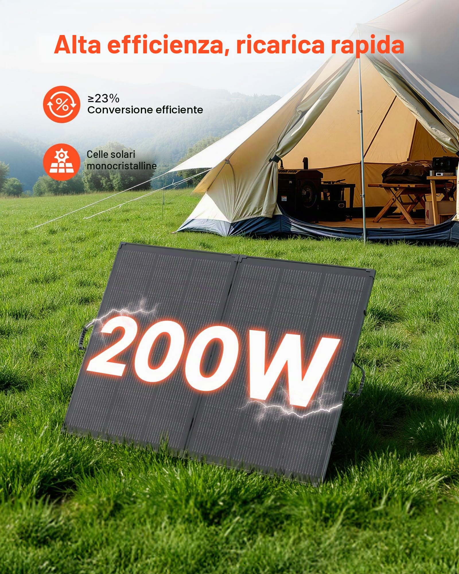 VEVOR Pannello Solare Pieghevole da 200 W con Telaio, Pannello Fotovoltaico Monocristallino Portatile per Centrali Elettrici con Regolatore PWM da 30 A e Uscita MC4, IP67 Impermeabile per Campeggio