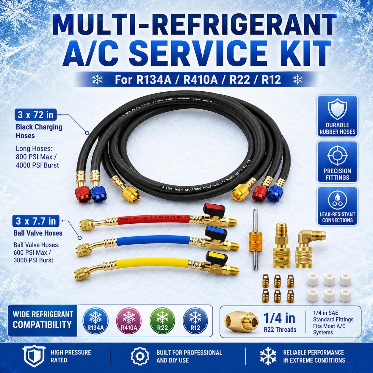 HVAC AC Recharge Hose Kit – 3-Pack 72" & 7.7" High-Pressure Hoses with Ball Valves, 2 R410A Adapters, Valve Core Tool, 1/4" SAE for R134A R410A R22 R12 R1234YF Gauges