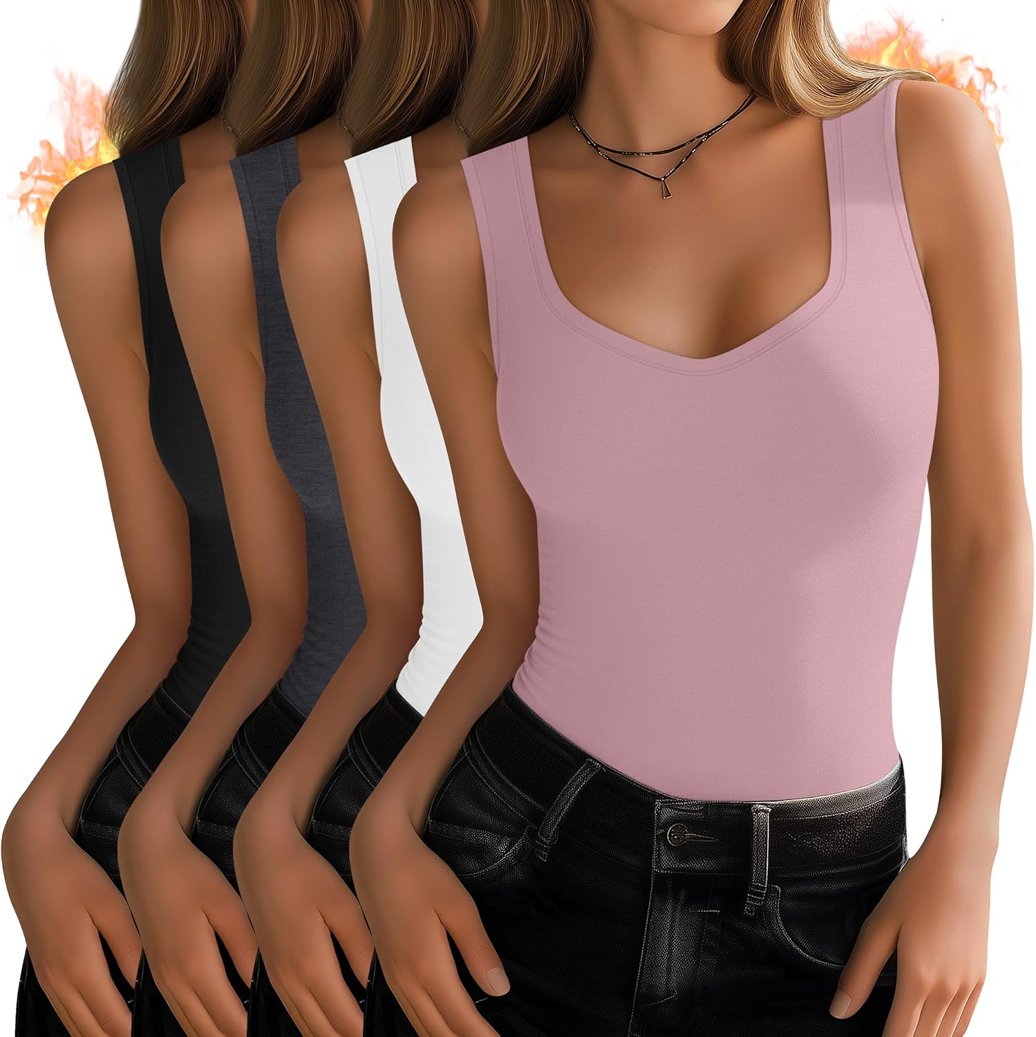 4 Pcs Womens Thermal Tank Tops Sleeveless Sweetheart Neck Undershirts Fleece Base Layer Lightweight Underwear Tops